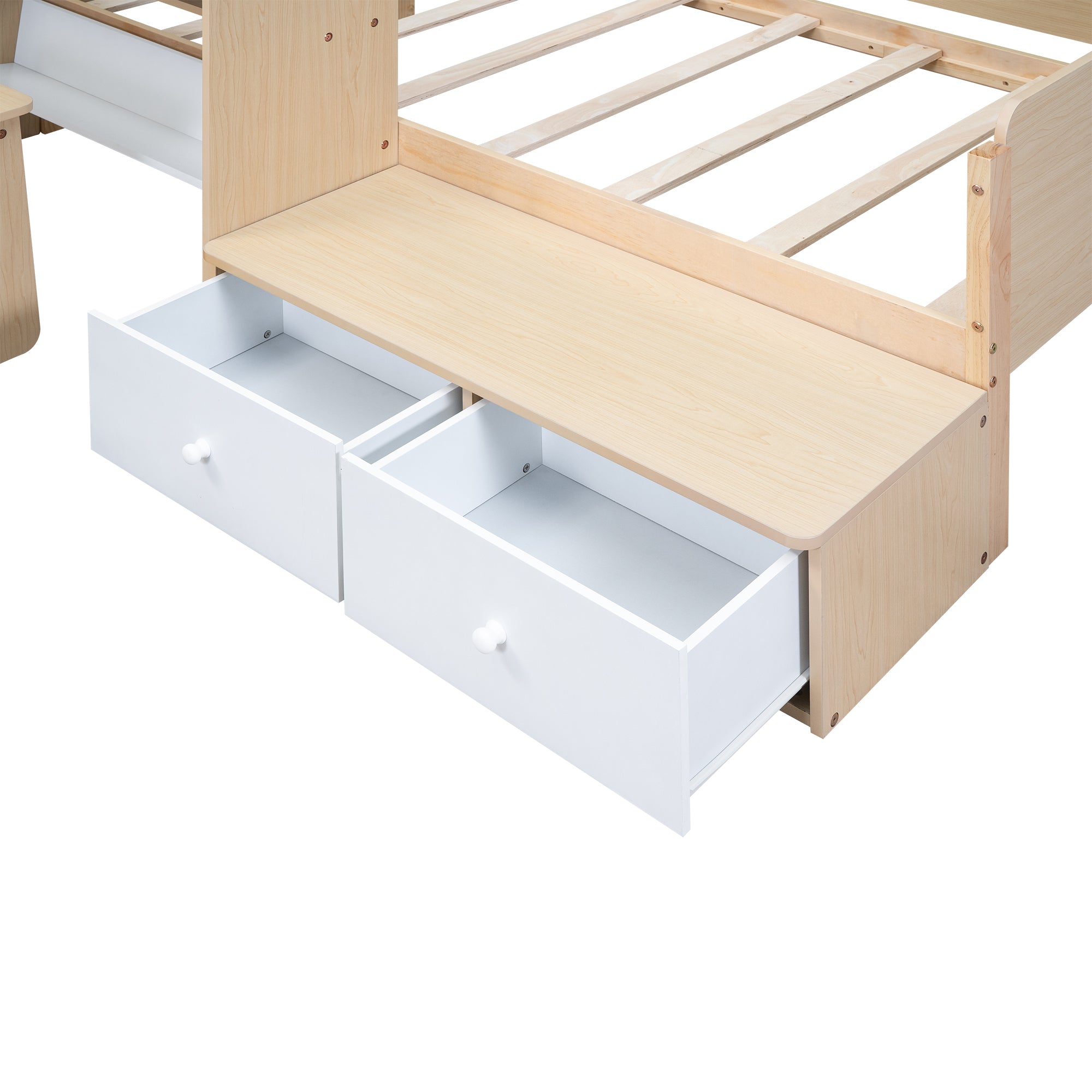 Wood Twin Size Platform Bed with 2 Drawers and 1 Chair&Desk Set, Natural+White(Expected Arrival Time: 11.22)