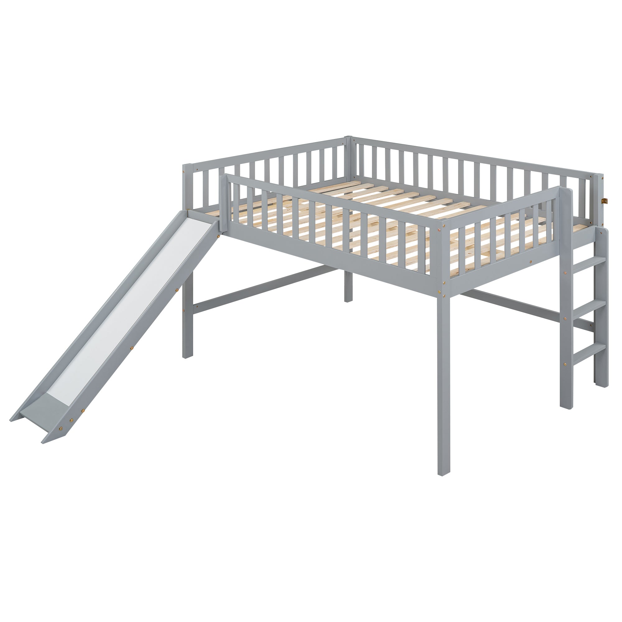 Full Size Low Loft Bed with Ladder and Slide,Gray