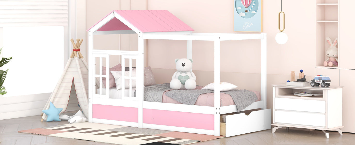 Twin Size House Bed with Roof, Window and Drawer - Pink + White