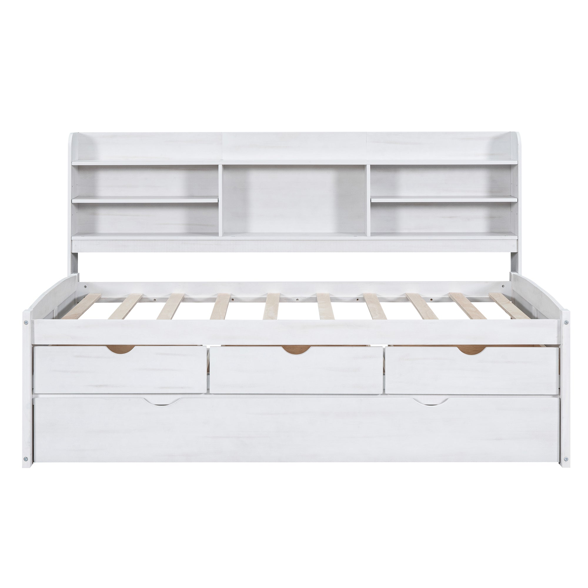Twin Size Wooden Captain Bed with Built-in Bookshelves,Three Storage Drawers and Trundle, White Wash(Expected Arrivial Time: 11.17)