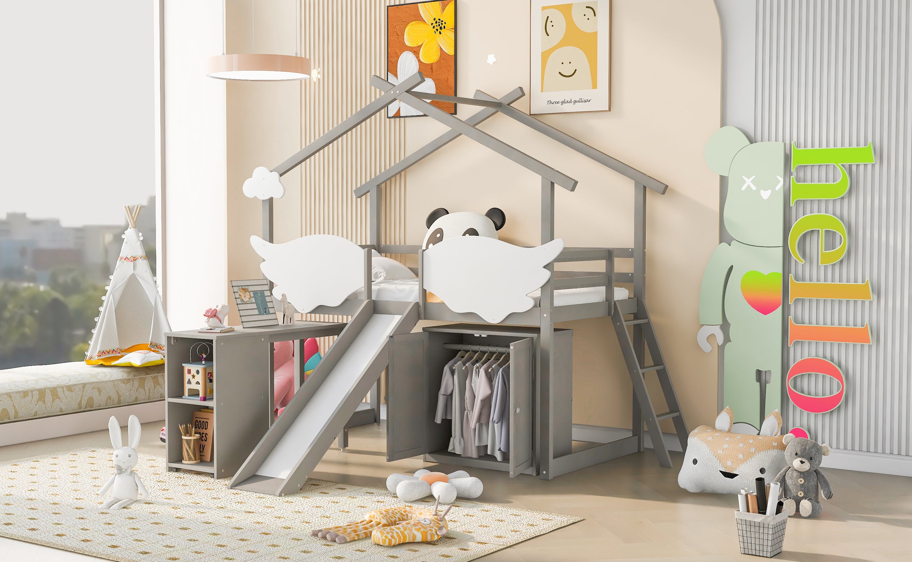 Twin Size House Bed with Wardrobe, Slide and Ladder, Wing-Shaped Fence, Pullable Desk with Storage, Worn Gray+White