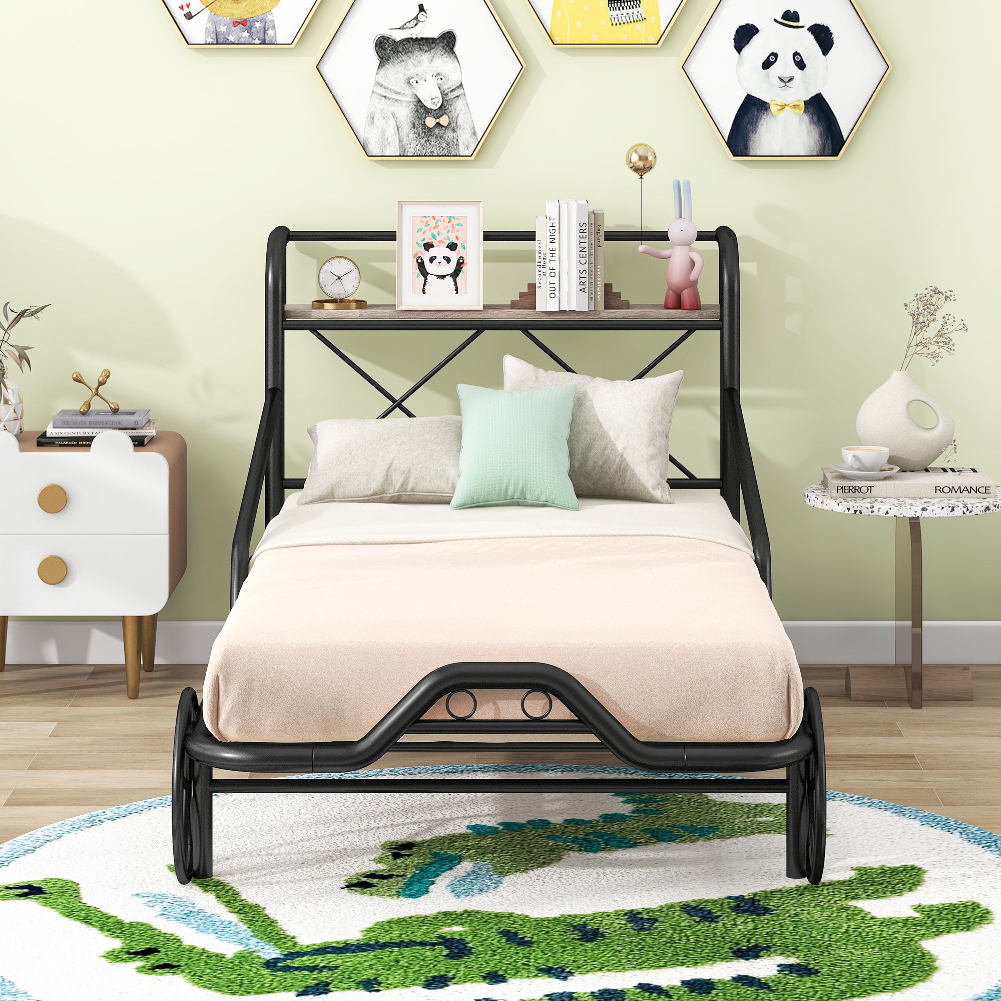 Twin Size Metal Car Bed with Four Wheels, Guardrails and X-Shaped Frame Shelf, Black(Old SKU: MF297599AAB)