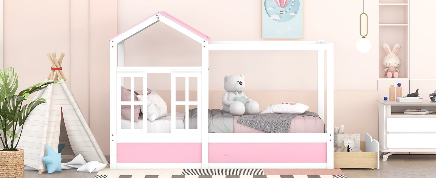 Twin Size House Bed with Roof, Window and Drawer - Pink + White