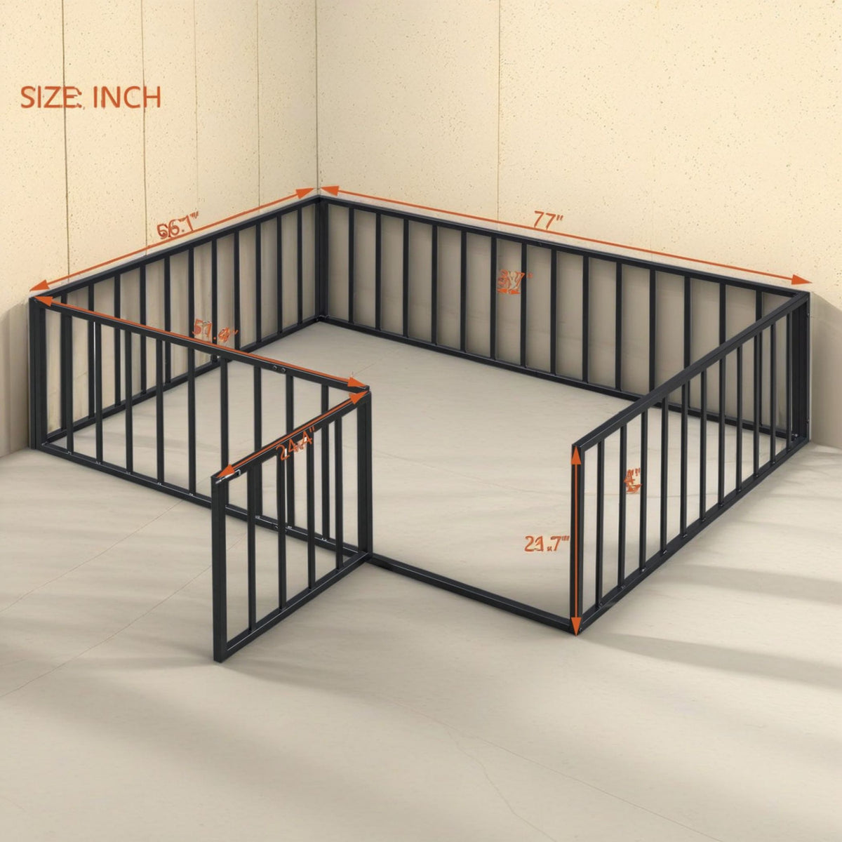 Metal Floor Fence Bed, Montessori Bedframe, with Safety Guardrail and Door