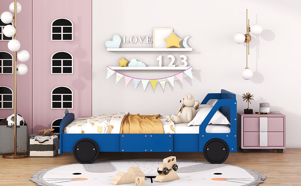 Full Size Car-Shaped Platform Bed with Wheels,Blue