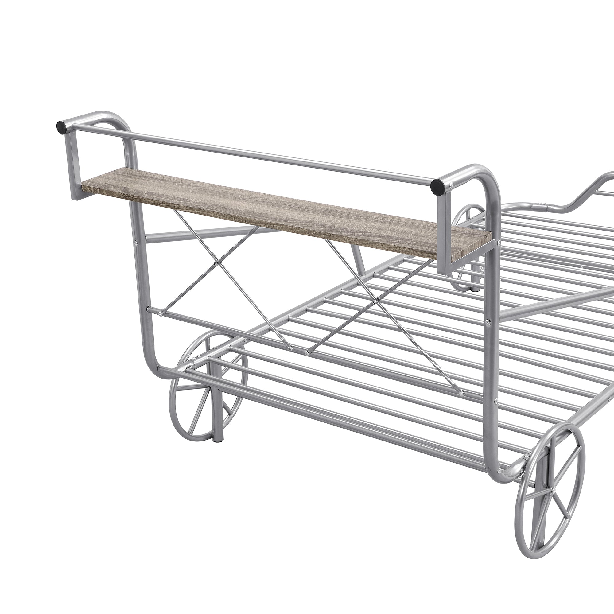 Twin Size Metal Car Bed with Four Wheels, Guardrails and X-Shaped Frame Shelf, Silver(Old SKU: MF297599AAN)