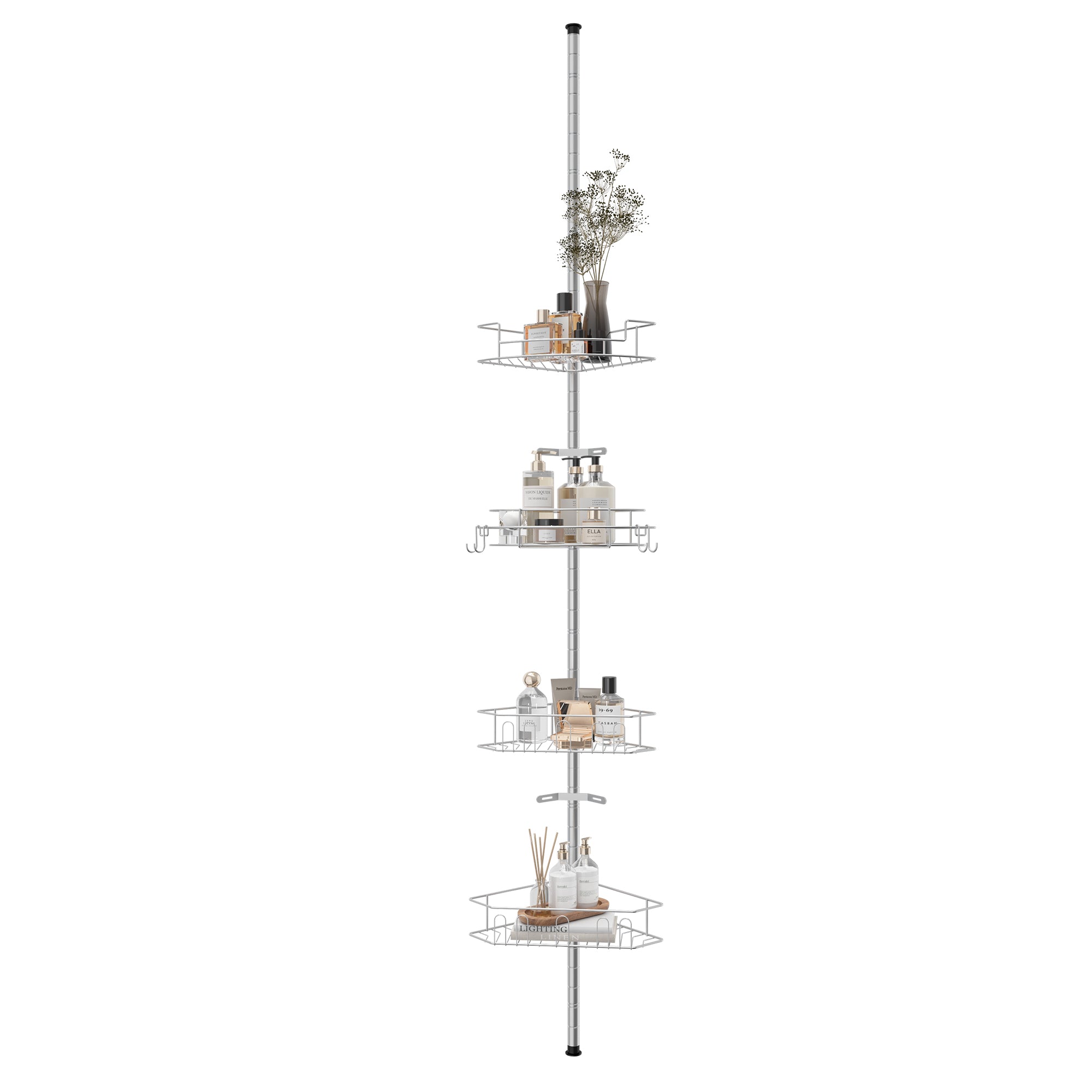 Tension Pole Corner Shower Caddy in Silver with 4 Adjustable Baskets