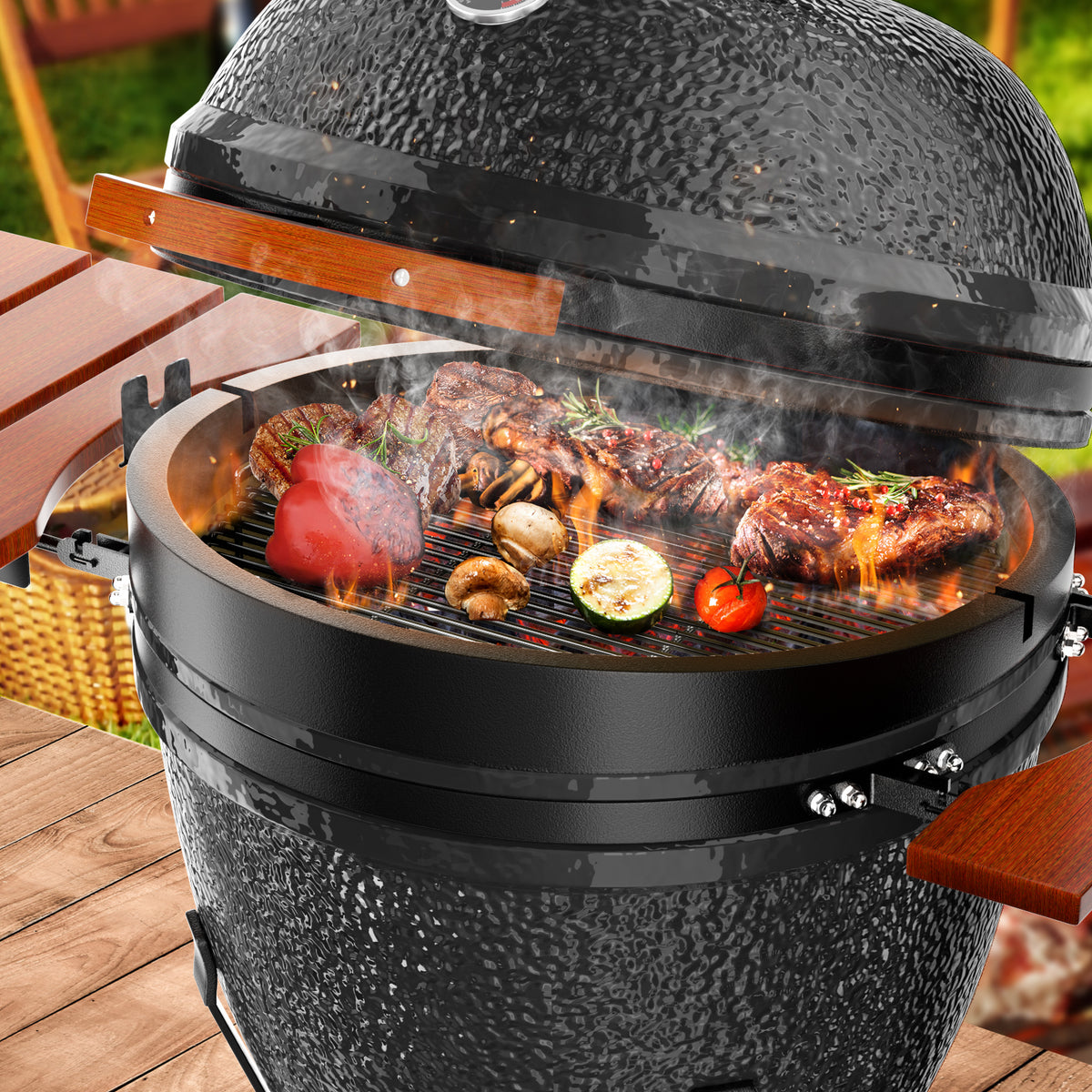 Kamado Portable Charcoal Grill with Side Shelves and Cover