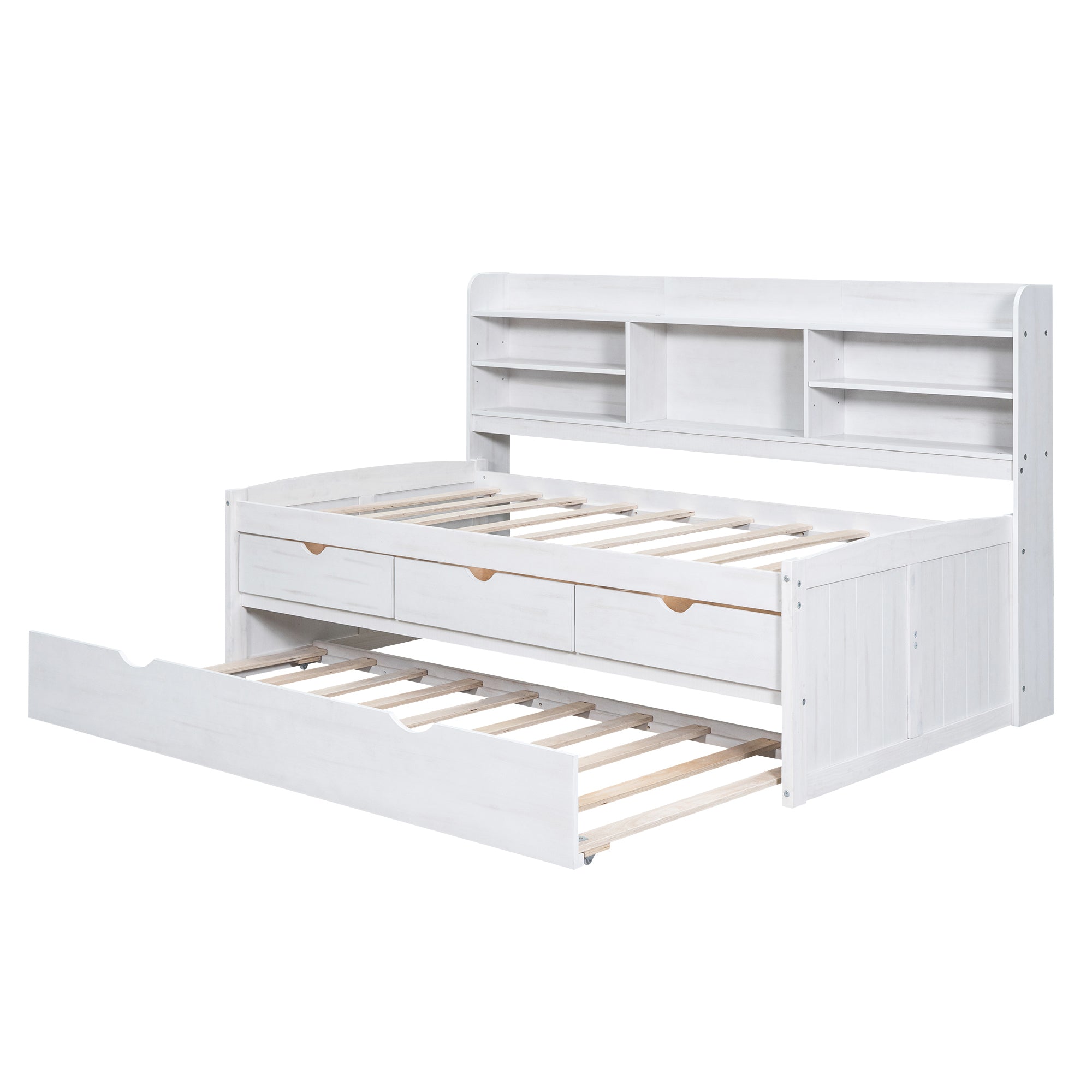 Twin Size Wooden Captain Bed with Built-in Bookshelves,Three Storage Drawers and Trundle, White Wash(Expected Arrivial Time: 11.17)