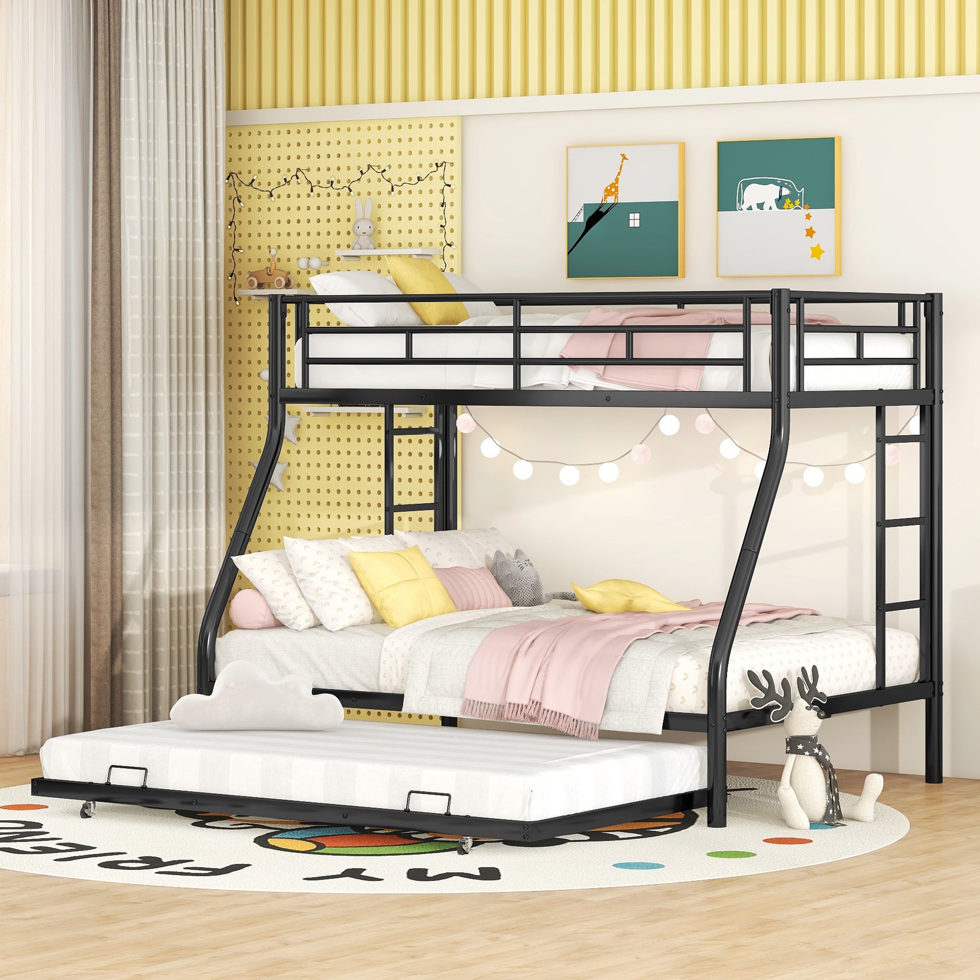 Twin over Full Bed with Sturdy Steel Frame, Bunk Bed with Twin Size Trundle, Two-Side Ladders, Black