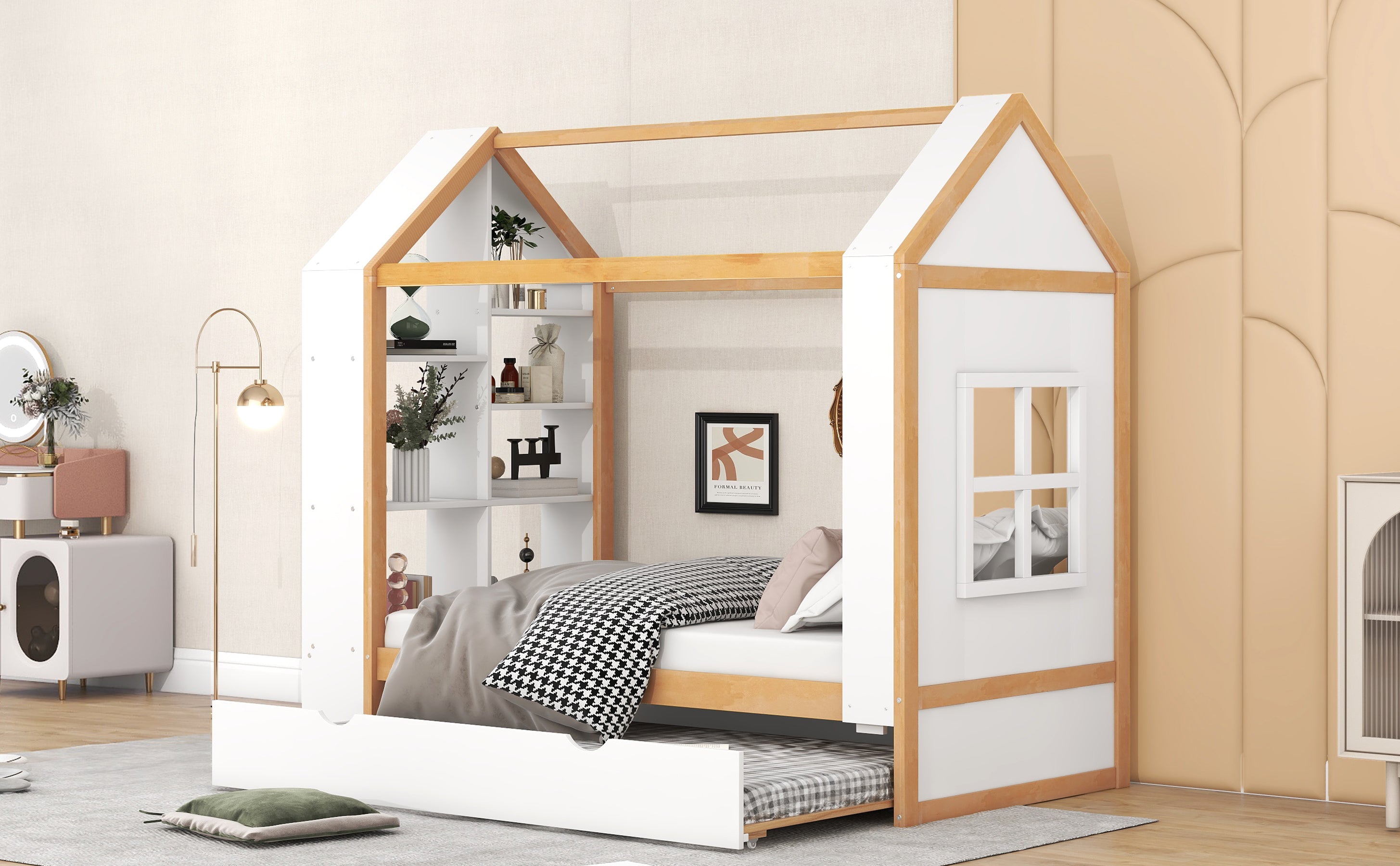 Twin Size House Platform Bed with Storage Shelves and Twin Size Trundle, White