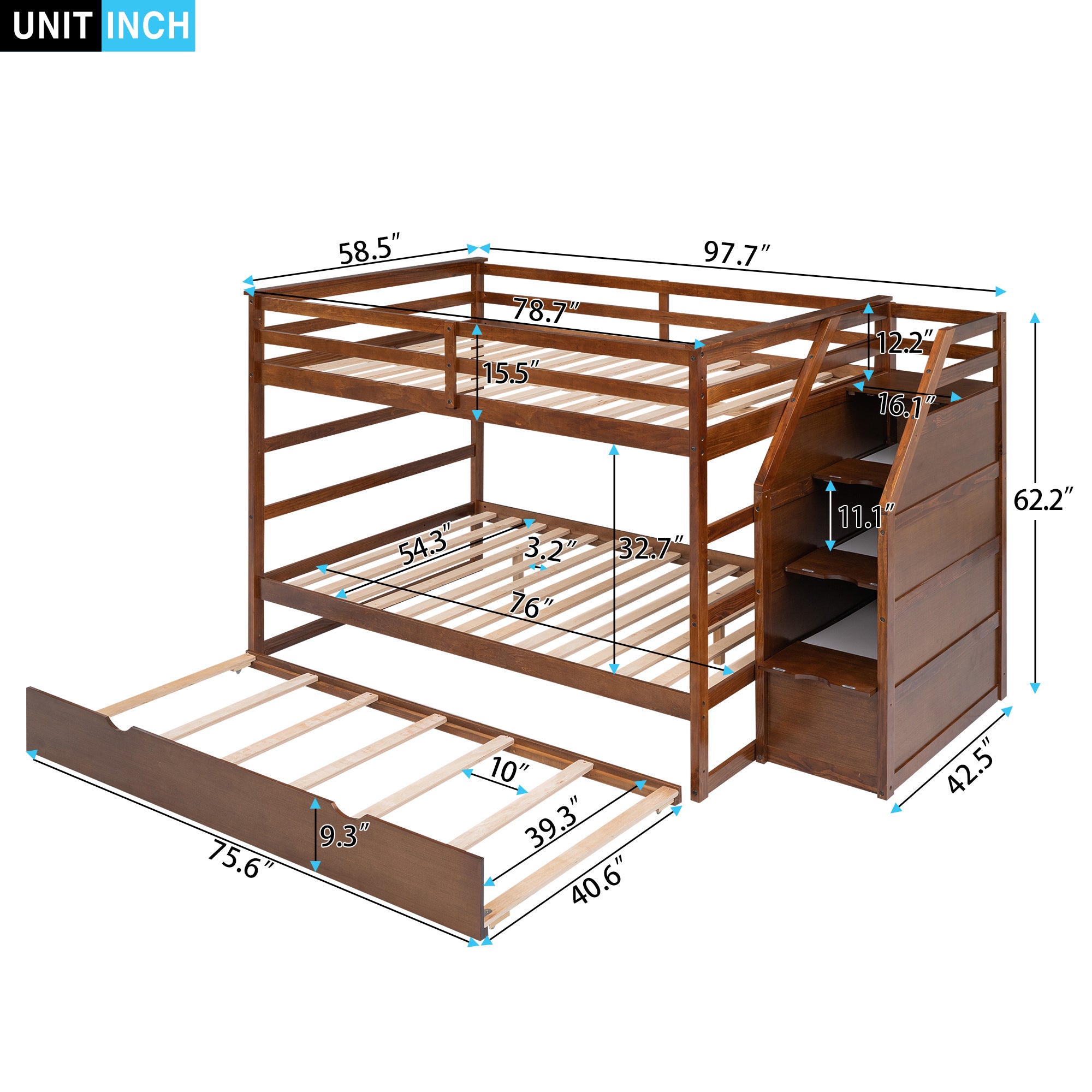 Full-over-Full Bunk Bed with Twin Size Trundle and 3 Storage Stairs,Walnut
