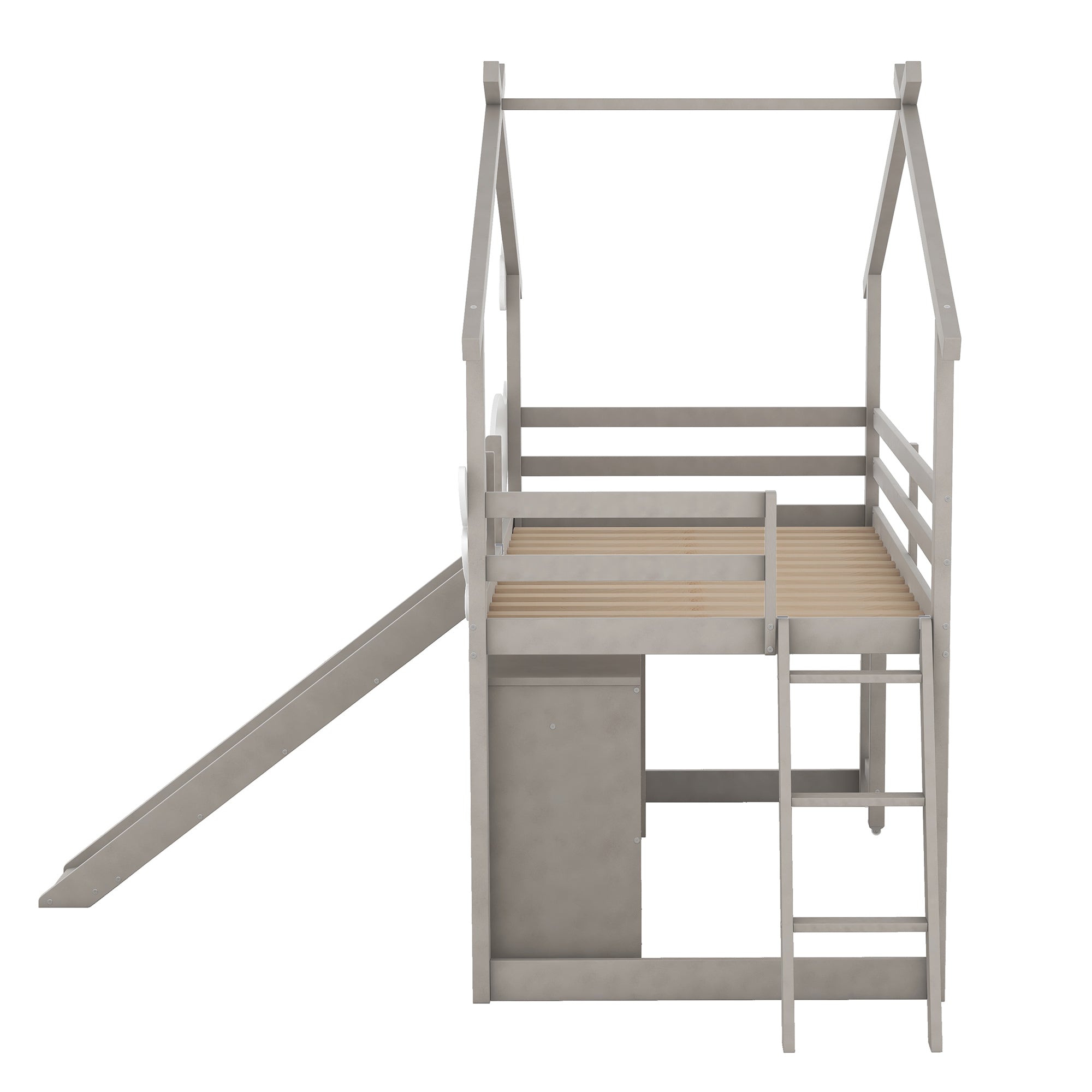 Twin Size House Bed with Wardrobe, Slide and Ladder, Wing-Shaped Fence, Pullable Desk with Storage, Worn Gray+White