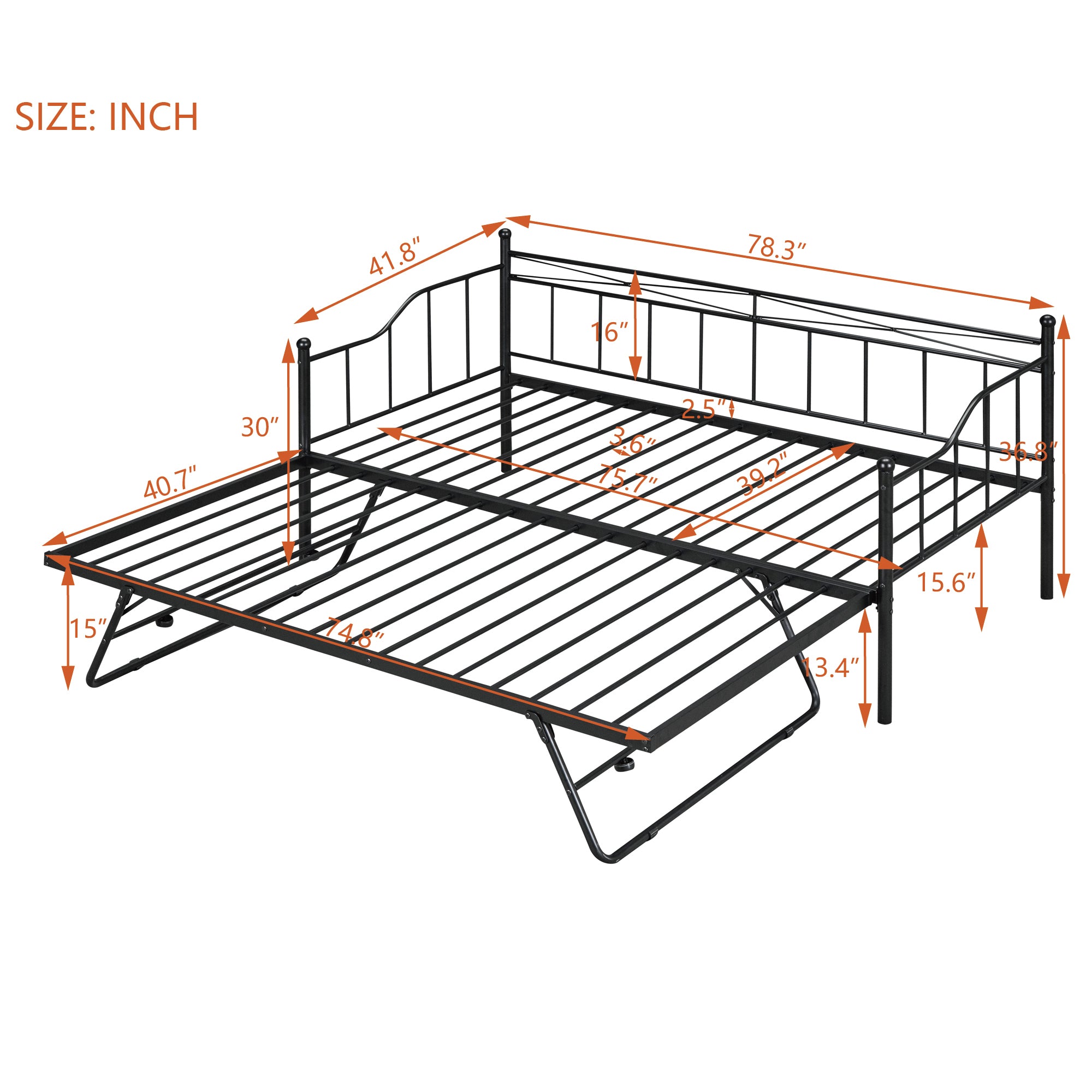 Twin Size Metal Daybed with Twin Size Adjustable Trundle, Portable Folding Trundle, Black