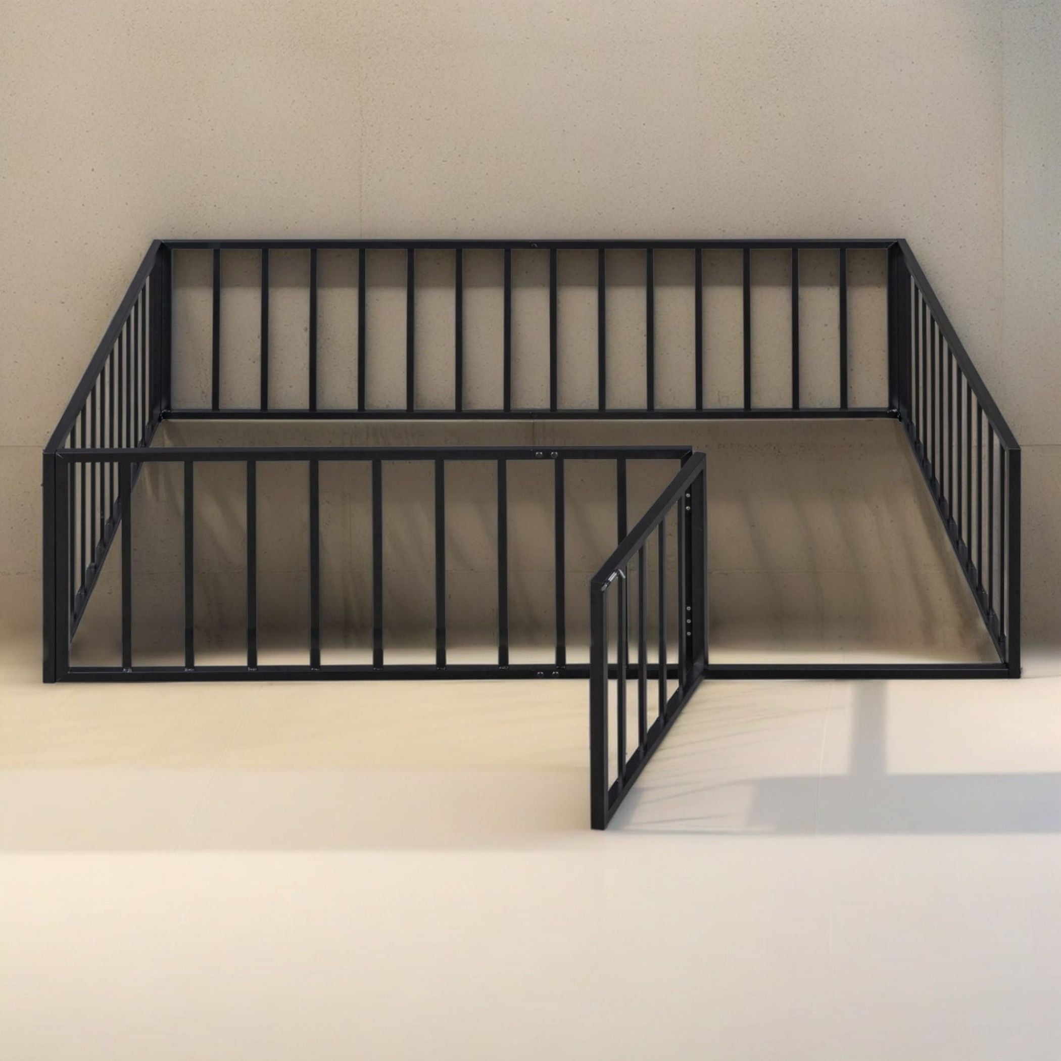 Metal Floor Fence Bed, Montessori Bedframe, with Safety Guardrail and Door