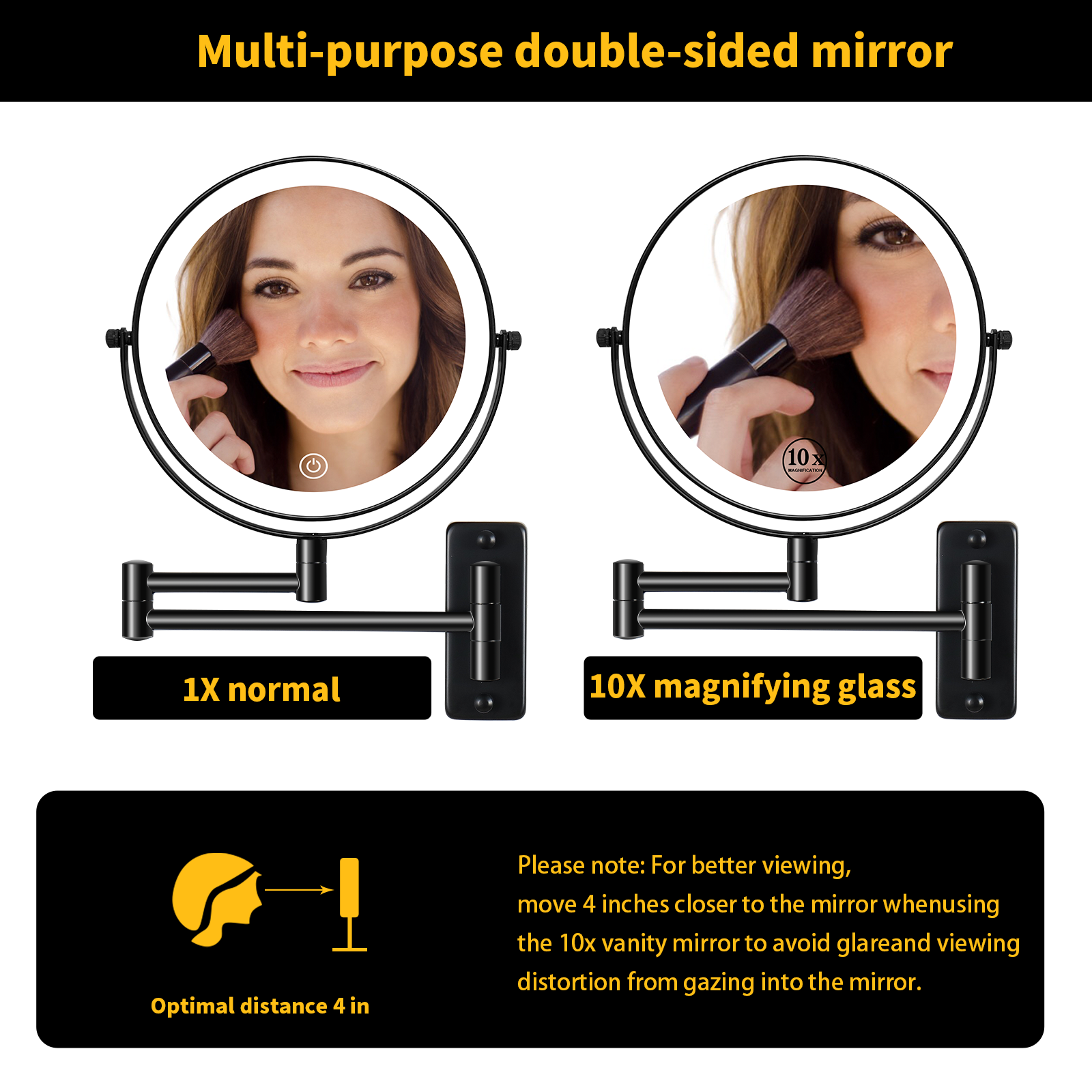 8 Inch Wall-Mounted Makeup Mirror, Double Sided 1x/10x Magnifying Makeup Mirror, 3 Colour Lights Touch Screen Dimmable Bathroom Mirror, 360° Swivel Vanity Mirror Built-In Battery (Black)