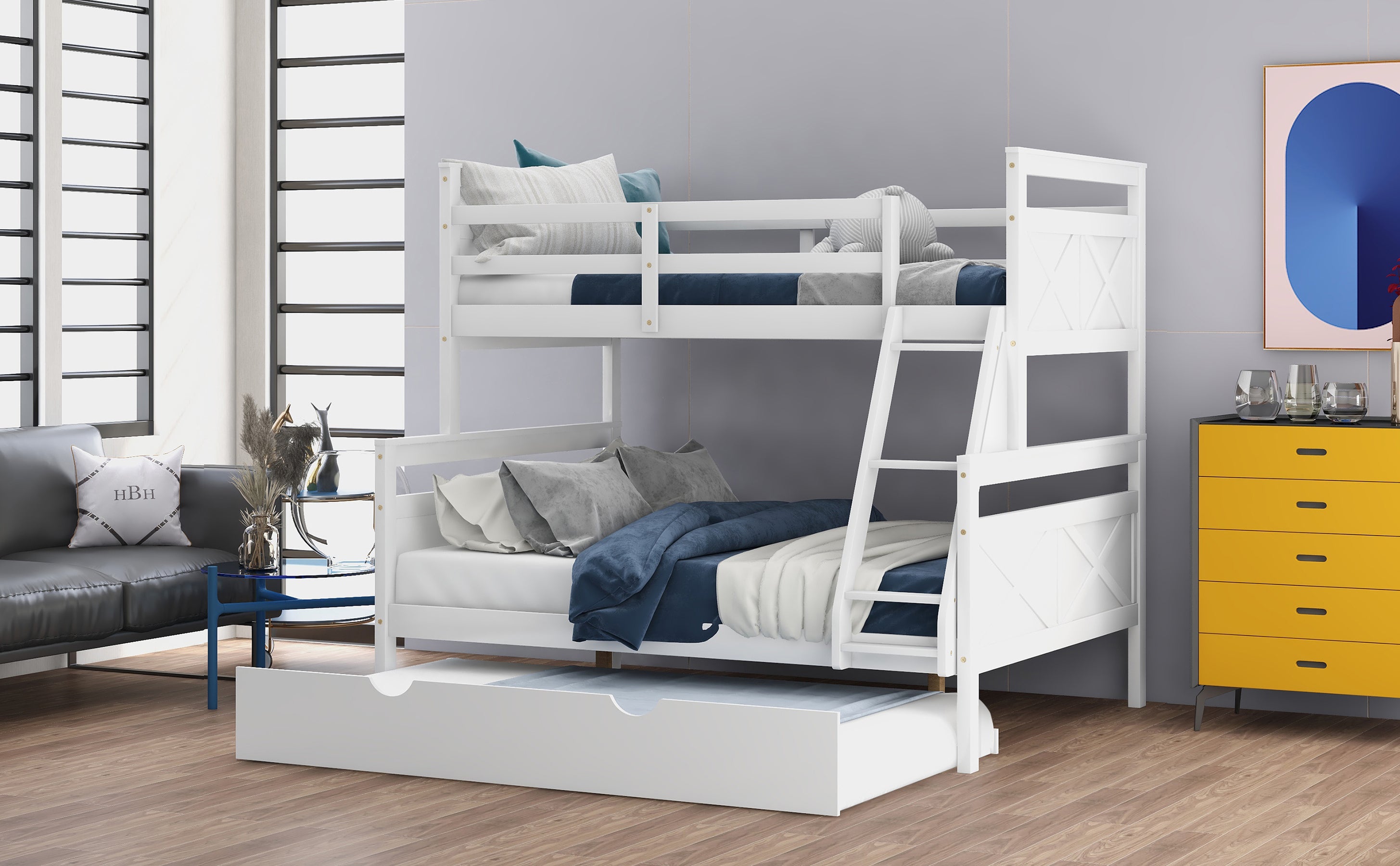 Twin over Full Bunk Bed with Ladder, Twin Size Trundle, Safety Guardrail, White