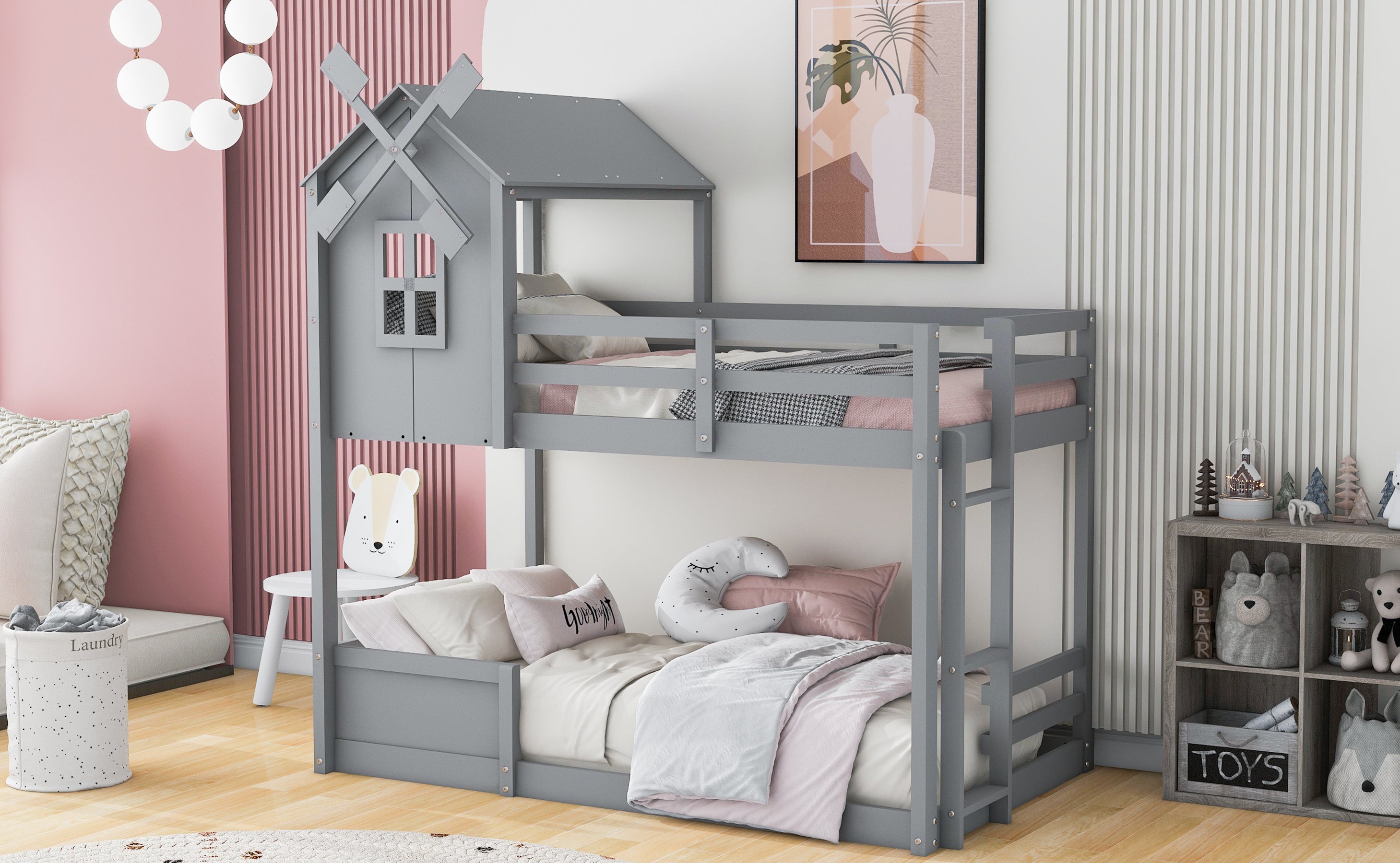 Twin over Twin Bunk Bed with Roof and Window, with Guardrails and Ladder, Gray