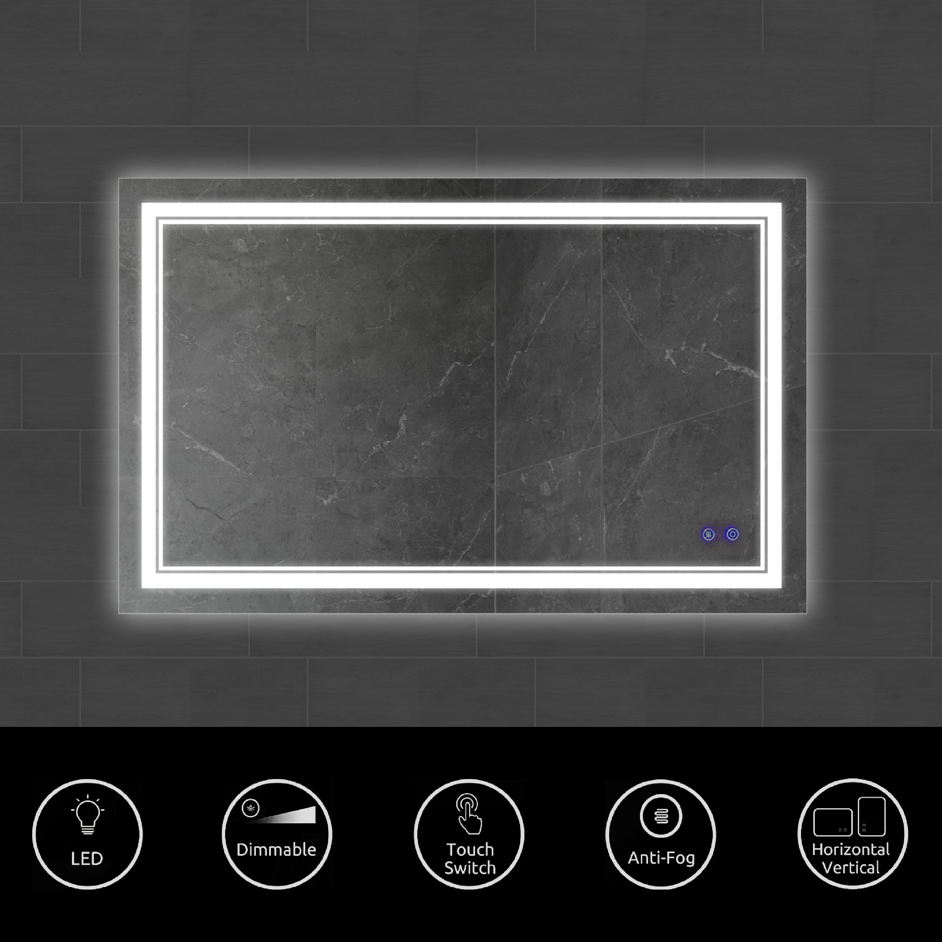40 x 24 Inch Frameless LED Illuminated Bathroom Wall Mirror, Touch Button Defogger, Rectangular, Silver