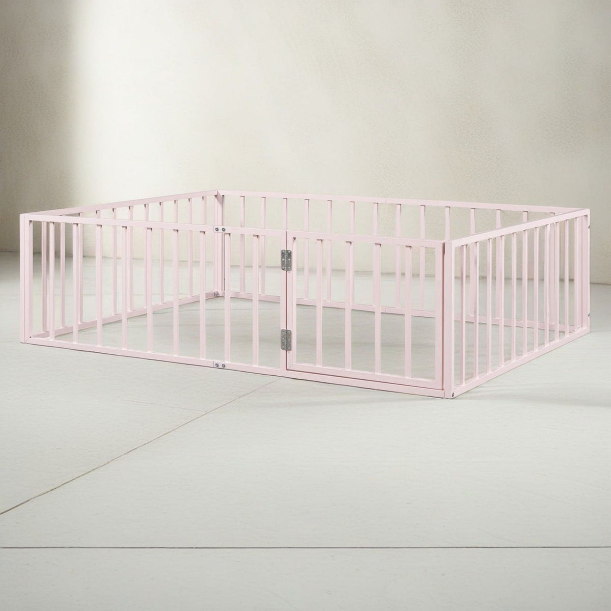 Metal Floor Fence Bed, Montessori Bedframe, with Safety Guardrail and Door