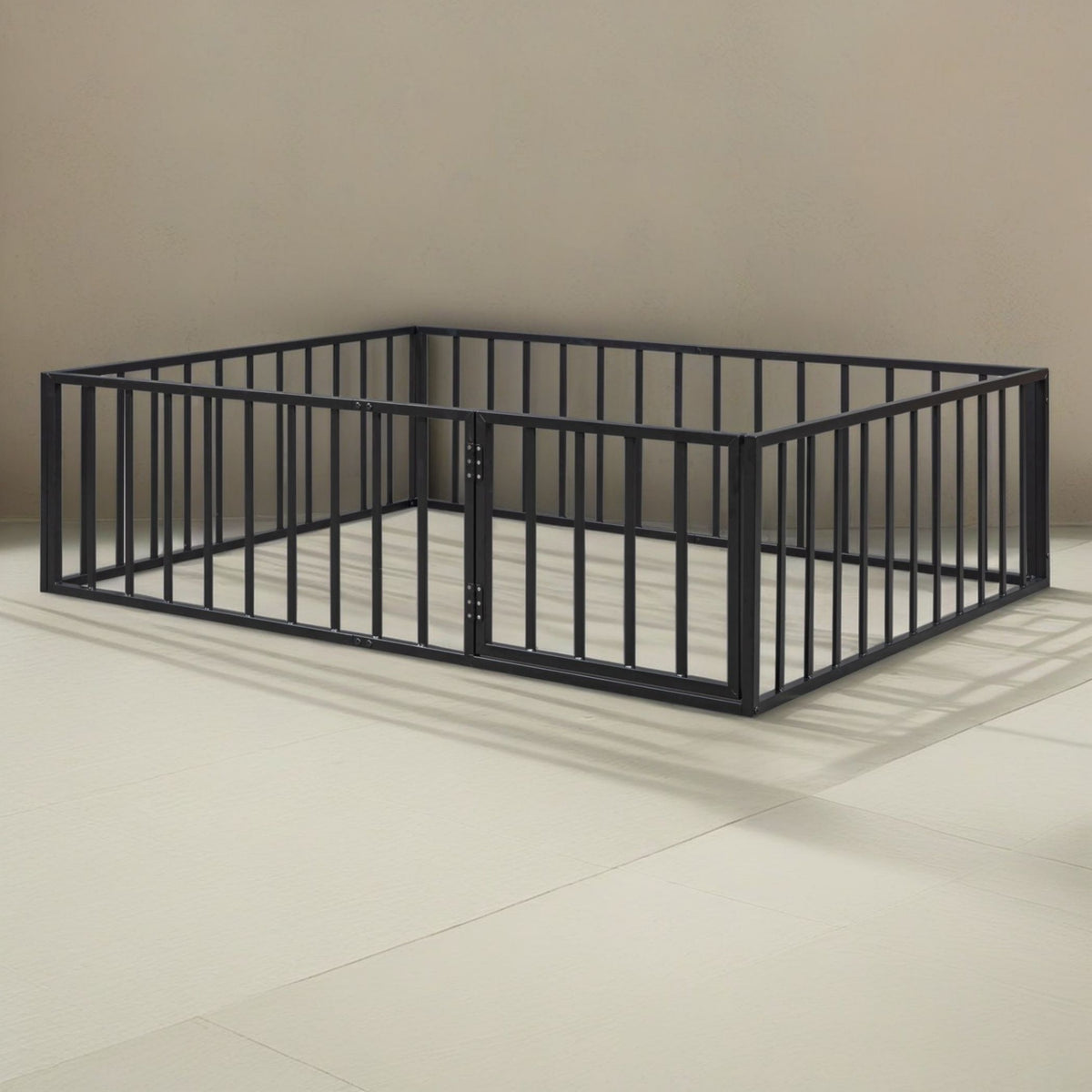 Metal Floor Fence Bed, Montessori Bedframe, with Safety Guardrail and Door