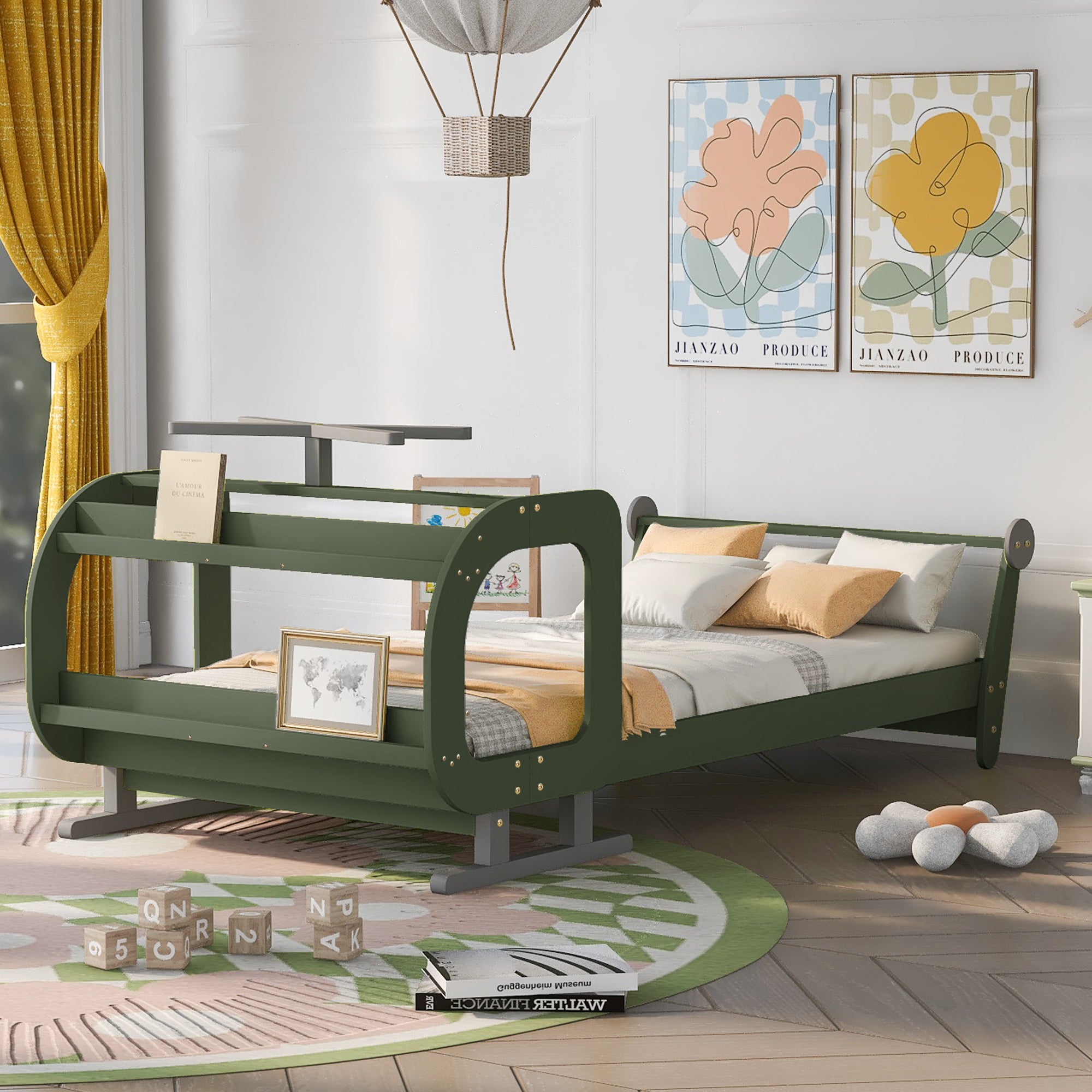 Twin Size Plane Shaped Platform Bed with Rotatable Propeller and Shelves, Green