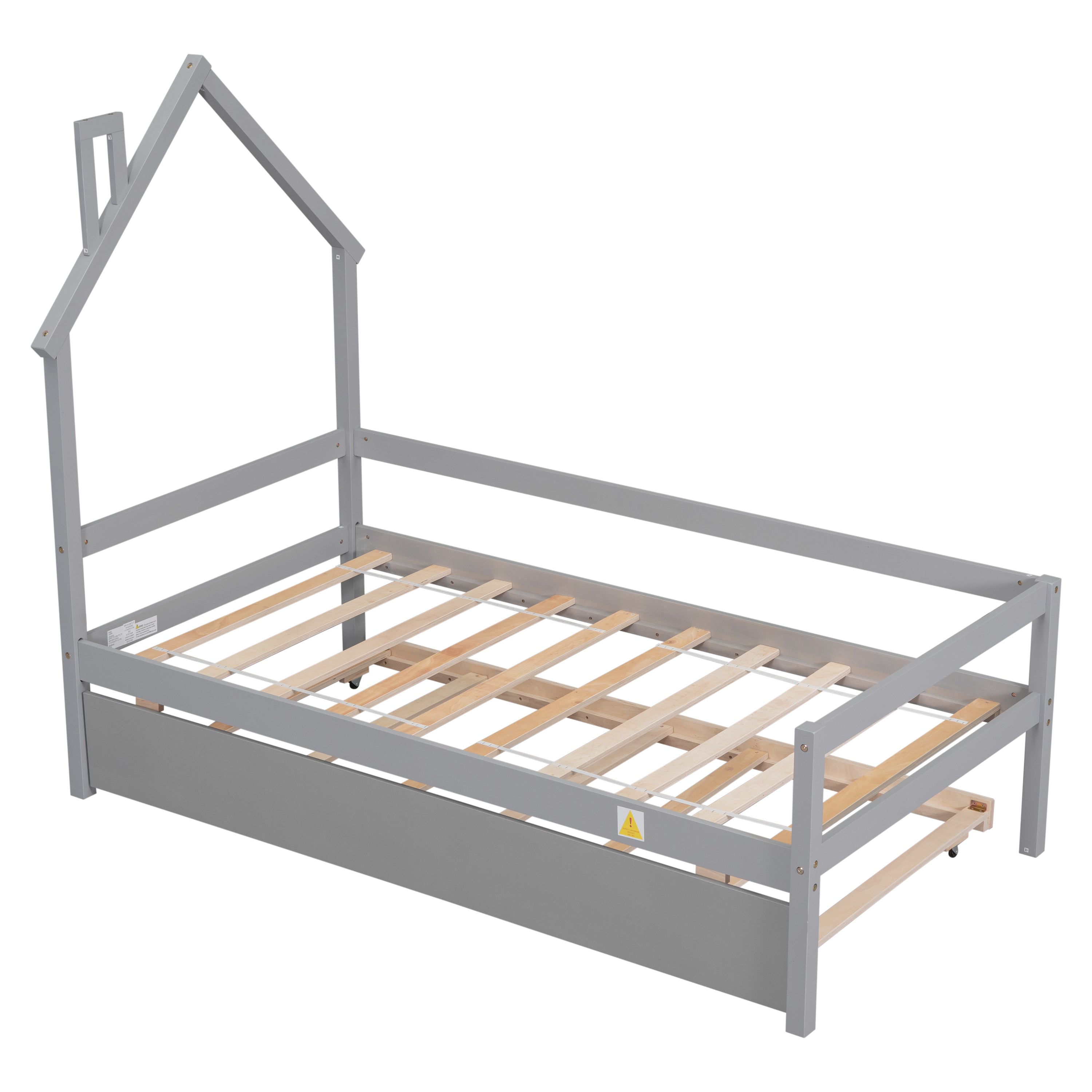 Twin Wooden Daybed with trundle, Twin House-Shaped Headboard bed with Guardrails,Grey
