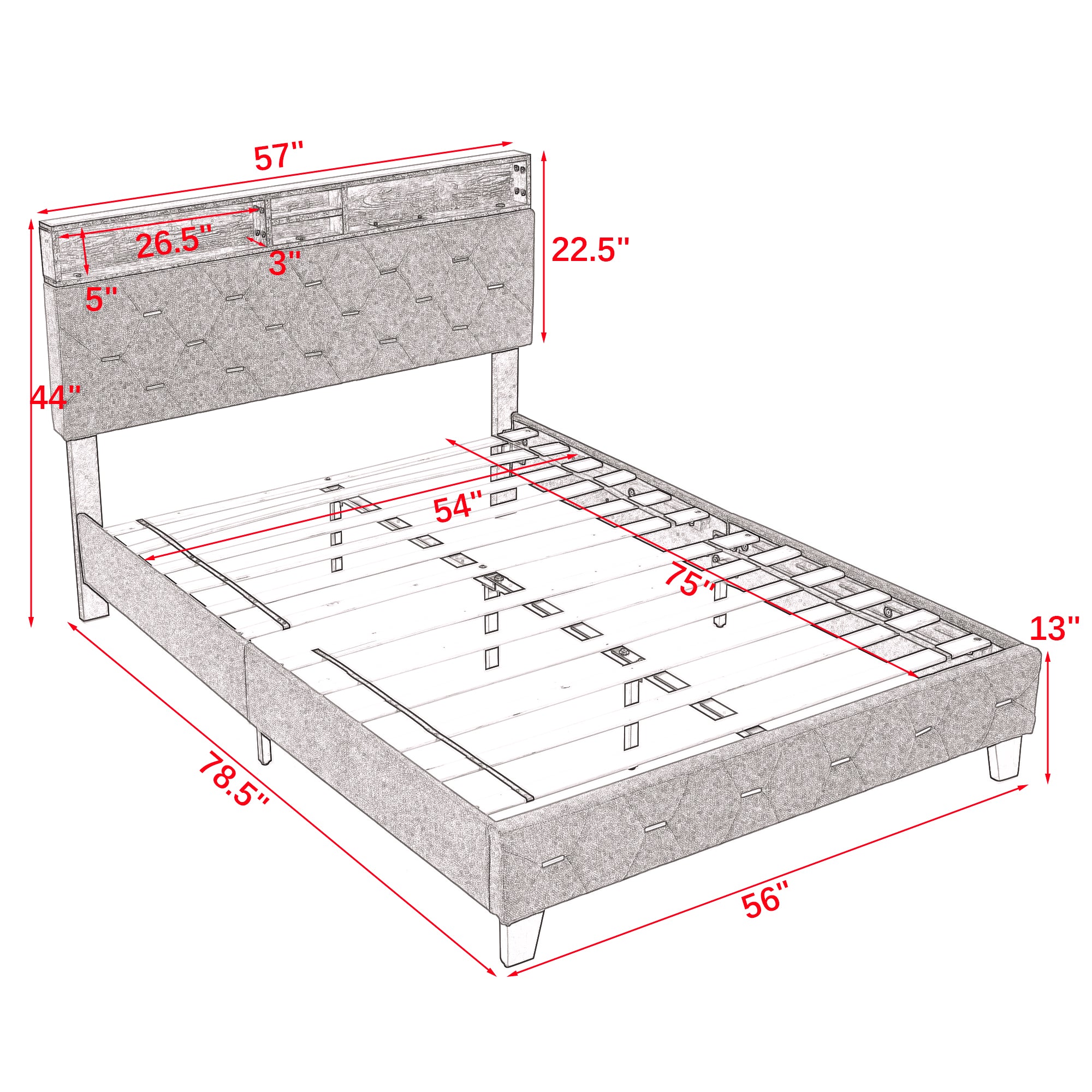 Full Size Bed Frame, Shelf Upholstered Headboard, Platform Bed with Outlet & USB Ports, Wood Legs, No Box Spring Needed, Easy Assembly, Grey