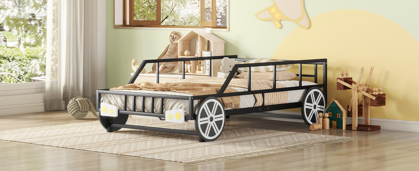 Metal Twin Size Car-shaped Platform Bed with Wheels and Headlights Decoration, Black