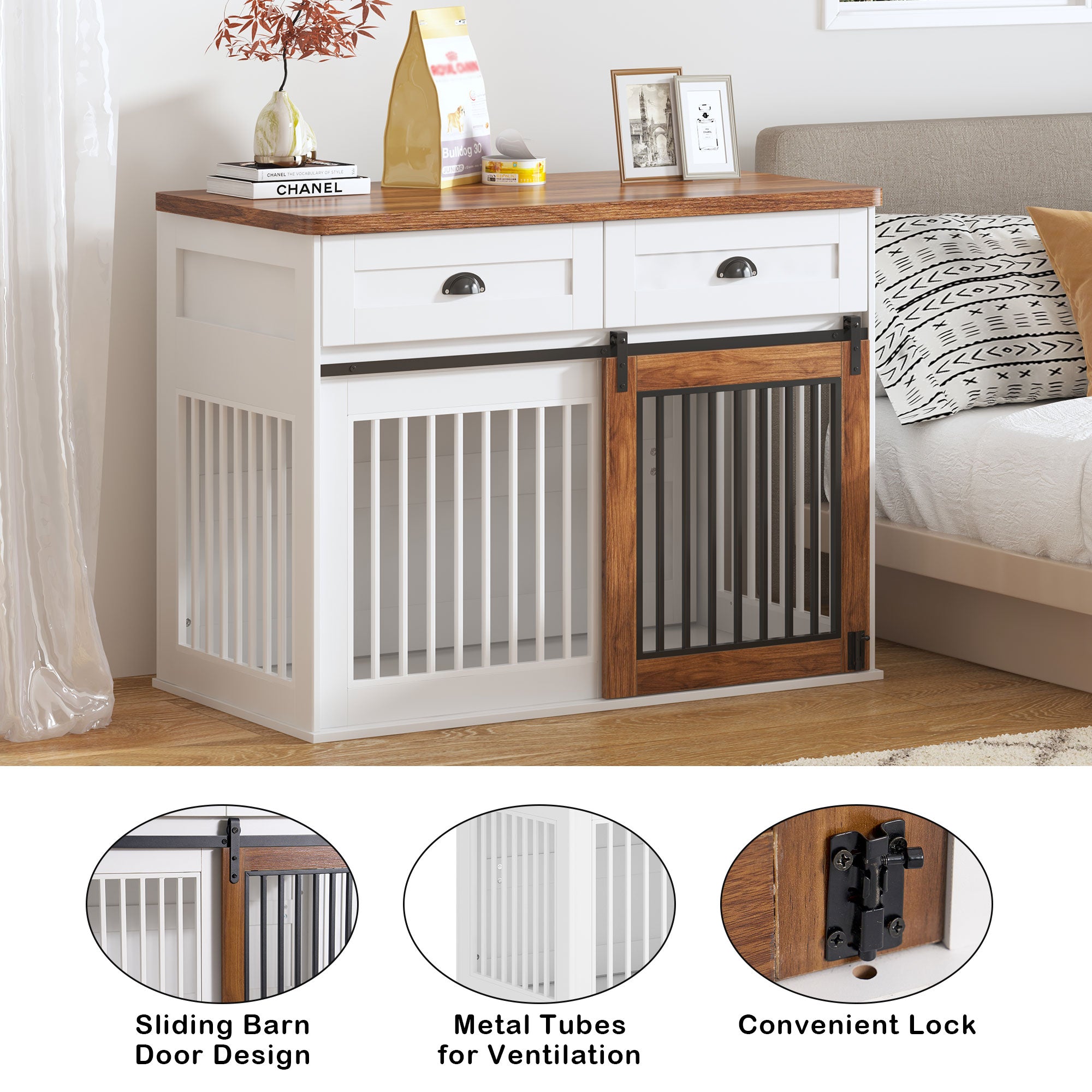 AHCEDARS Heavy Duty Dog Cage for Pets, Suitable for Medium Large Dogs, Cedar Furniture Style Cage, with Double Door Pet House Wooden Cage, Modern Dog House Furniture Room