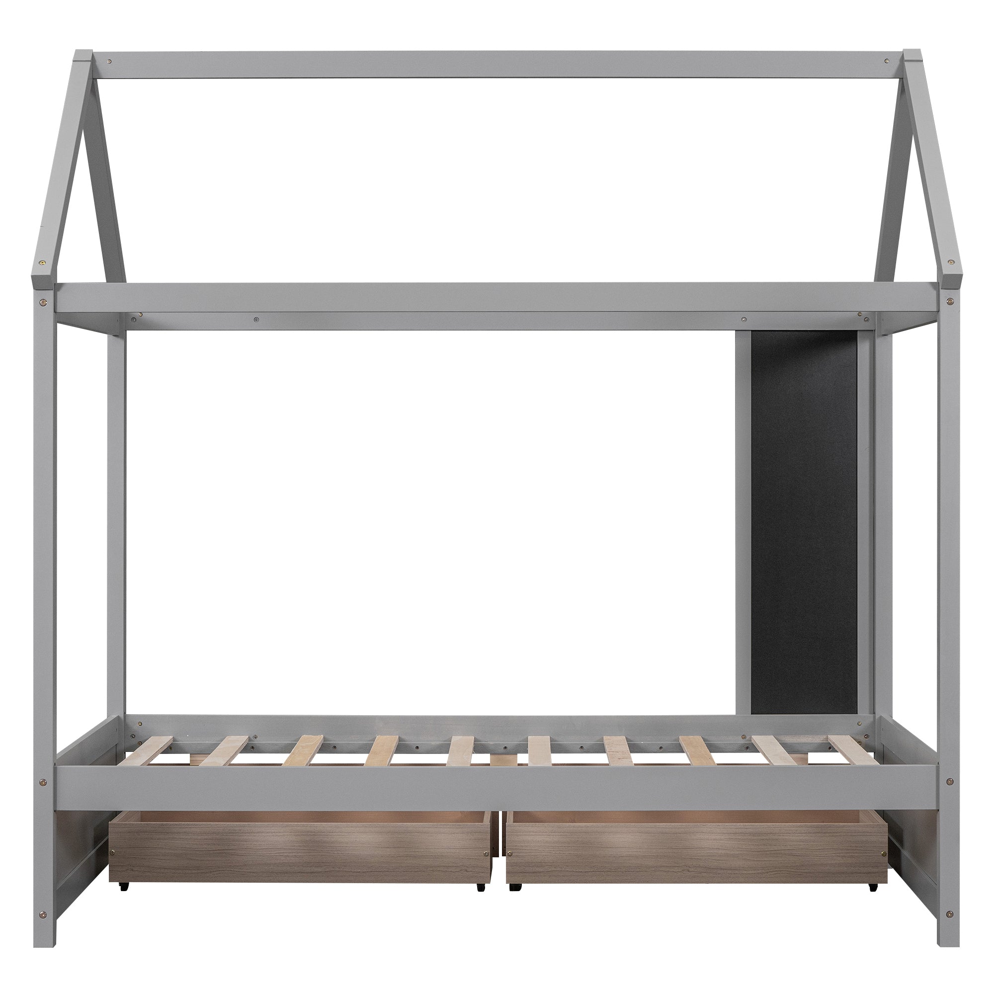 Twin Size House Bed with Drawers and Blackboard, Gray
