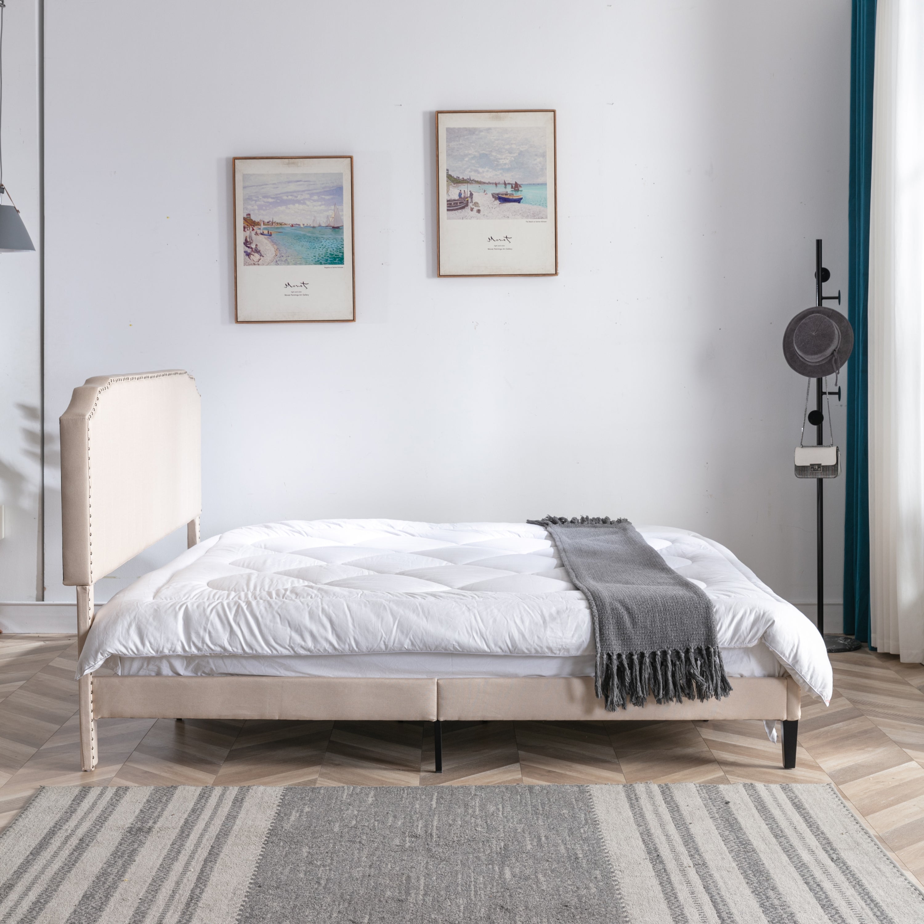 DongHeng King Size Bed with Headboard,Modern Linen Curved Upholstered Platform Bed,Solid Wood Frame,Nailhead Trim,Beige