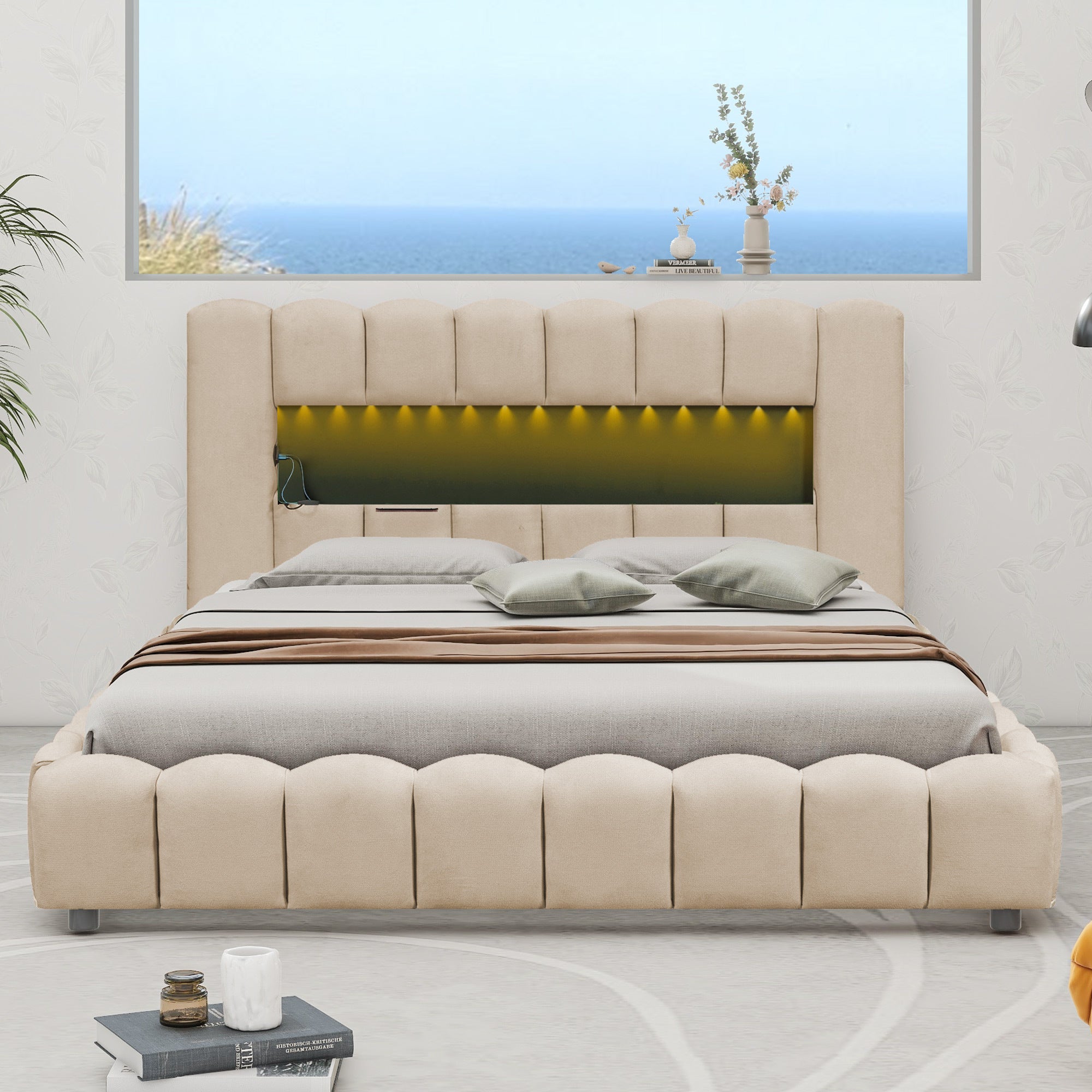 Queen Size Upholstered Platform Bed with LED Headboard and USB, Beige