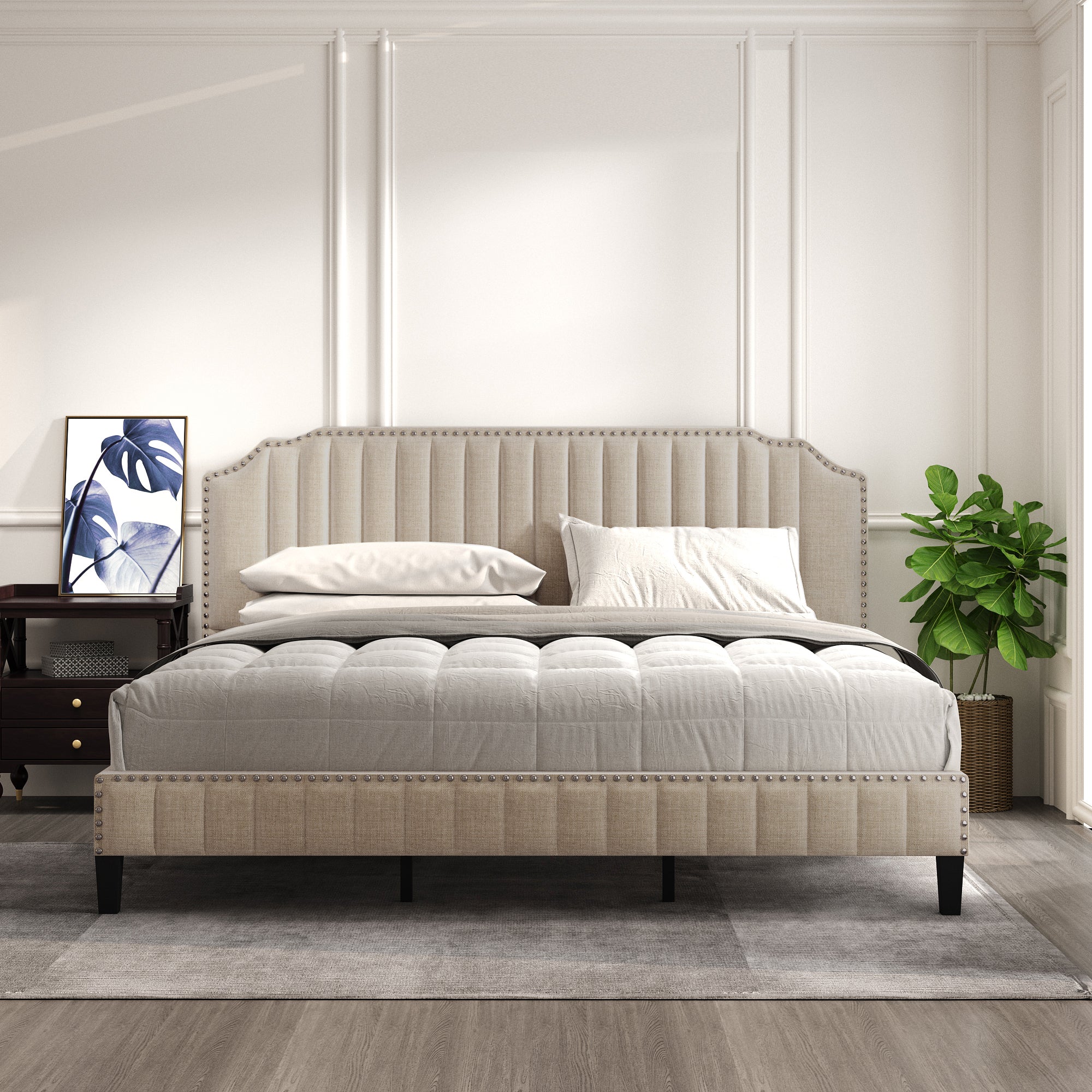 3 Pieces Bedroom Set Modern Linen Curved Upholstered Beige Platform King Bed with Two Black Cherry Nightstands