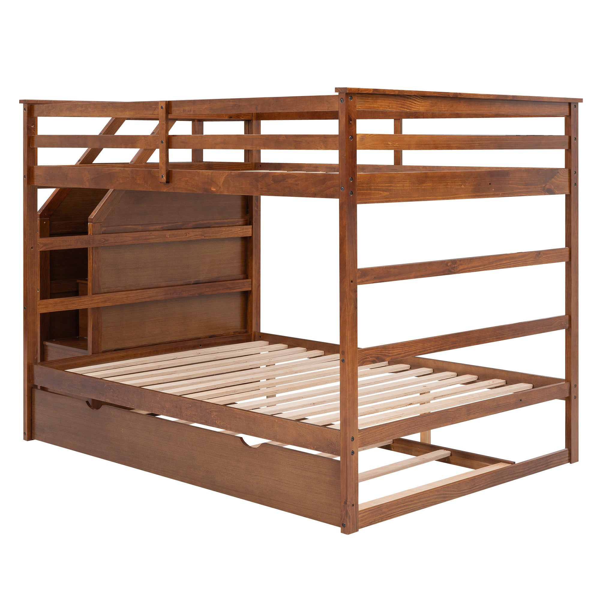 Full-over-Full Bunk Bed with Twin Size Trundle and 3 Storage Stairs,Walnut