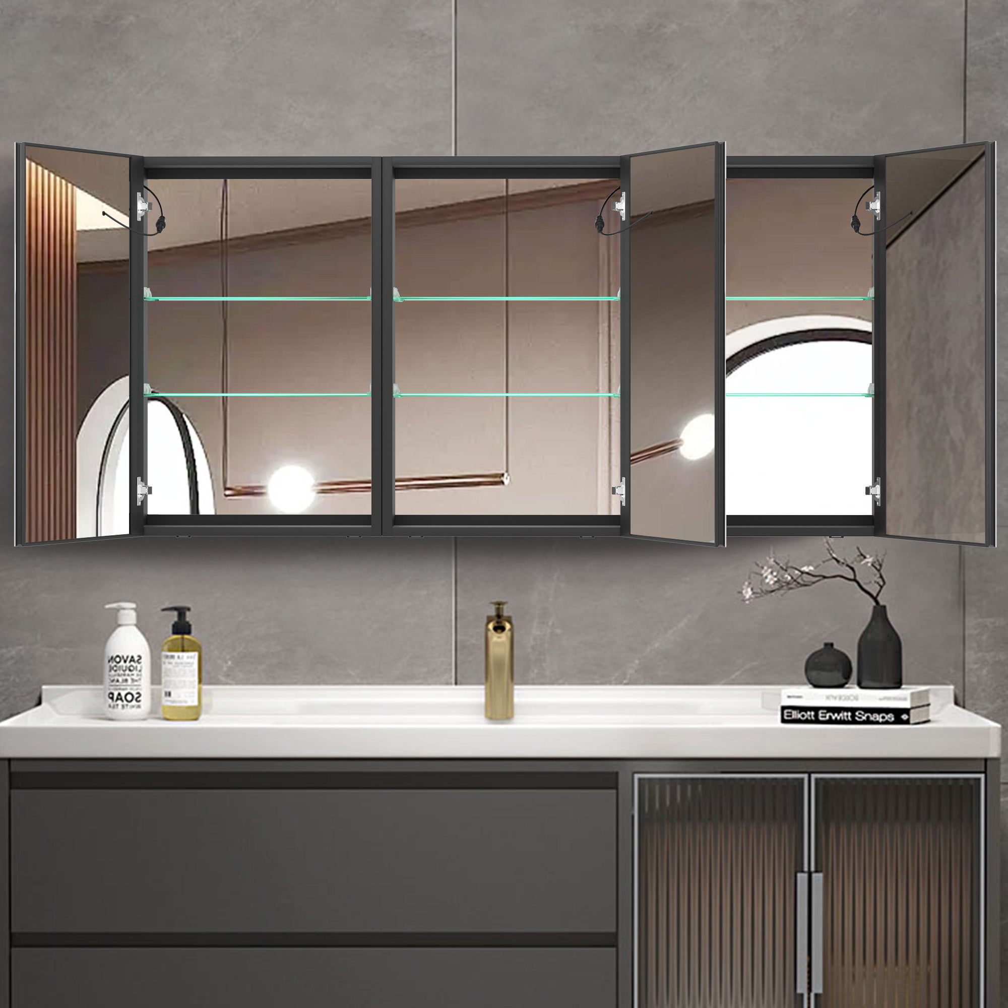 60x30 Inch LED Bathroom Medicine Cabinet Surface Mount Double Door Lighted Medicine Cabinet, Medicine Cabinets for Bathroom with Mirror Defogging, Dimmer Black