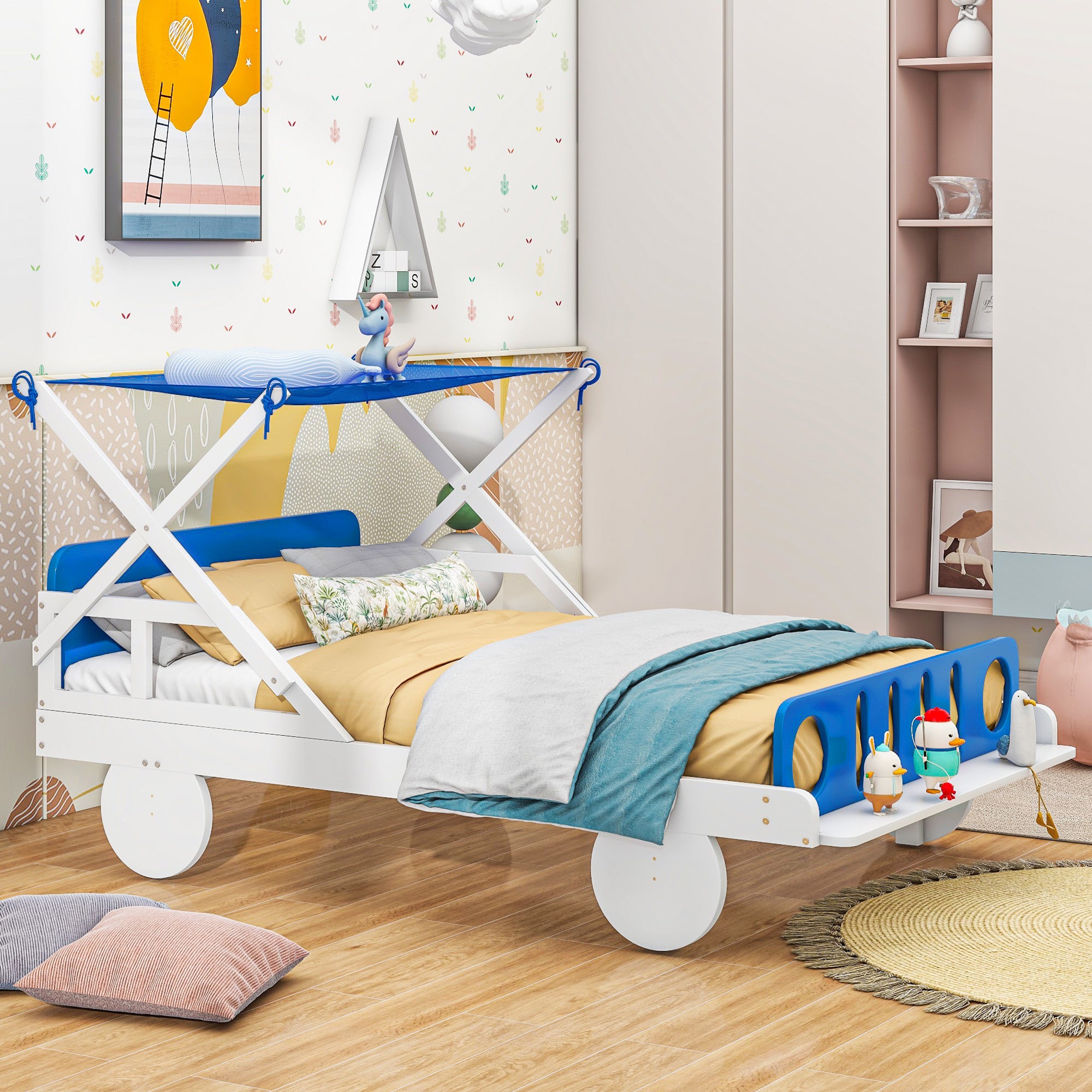 Wood Twin Size Car Bed with Ceiling Cloth, Headboard and Footboard, White+Blue