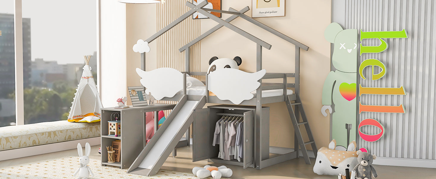 Twin Size House Bed with Wardrobe, Slide and Ladder, Wing-Shaped Fence, Pullable Desk with Storage, Worn Gray+White