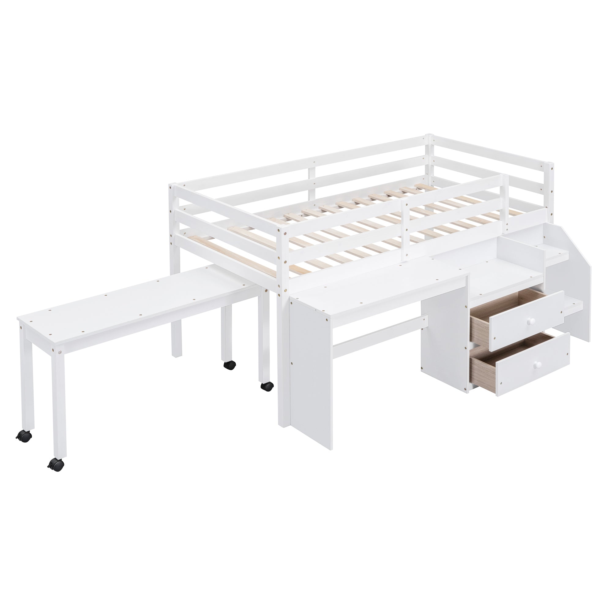 Twin Size Loft Bed with Desk and Drawers, Wooden Loft Bed with Lateral Portable Desk, White