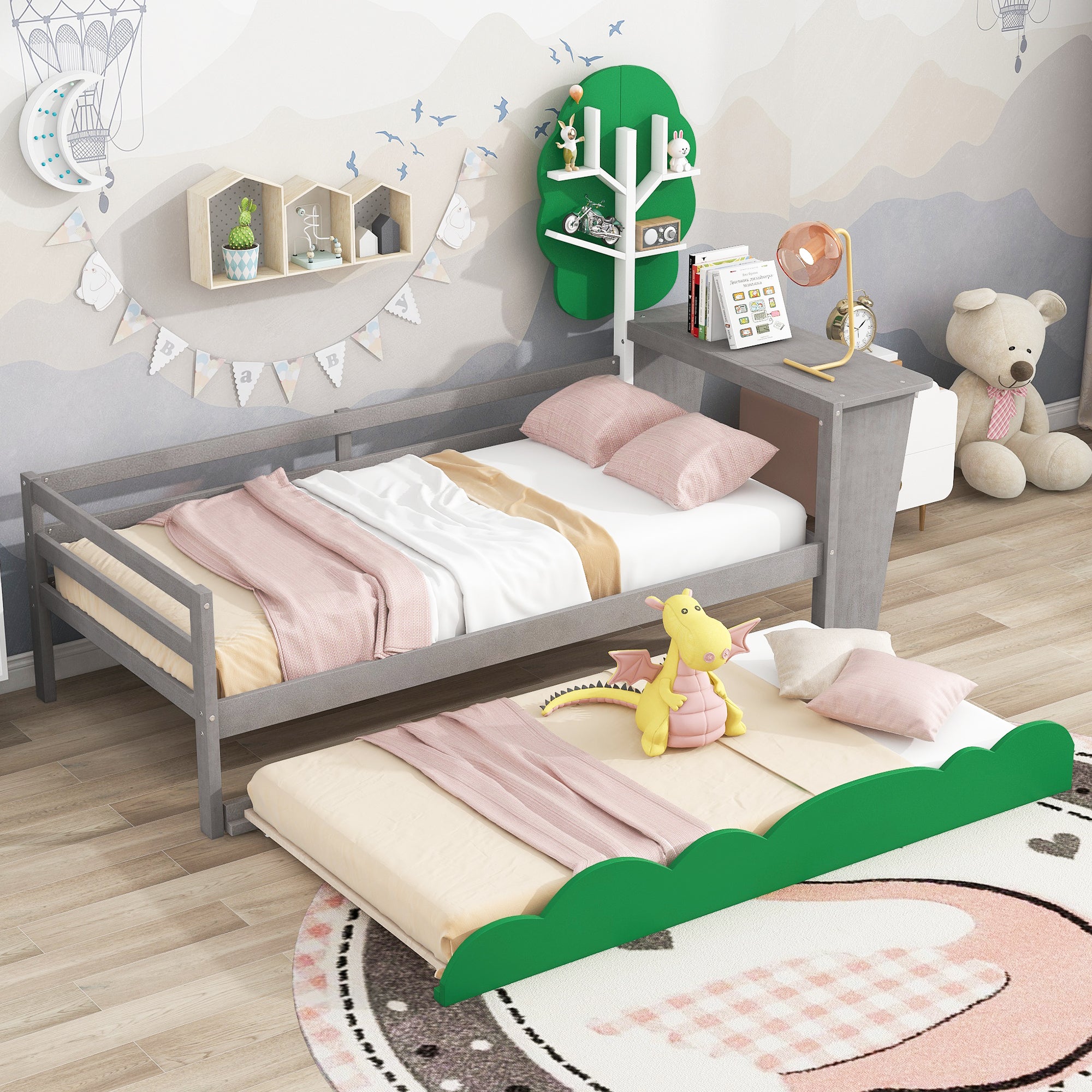 Twin Size Daybed with Desk, Green Tree Shape Shelves and Trundle, Gray