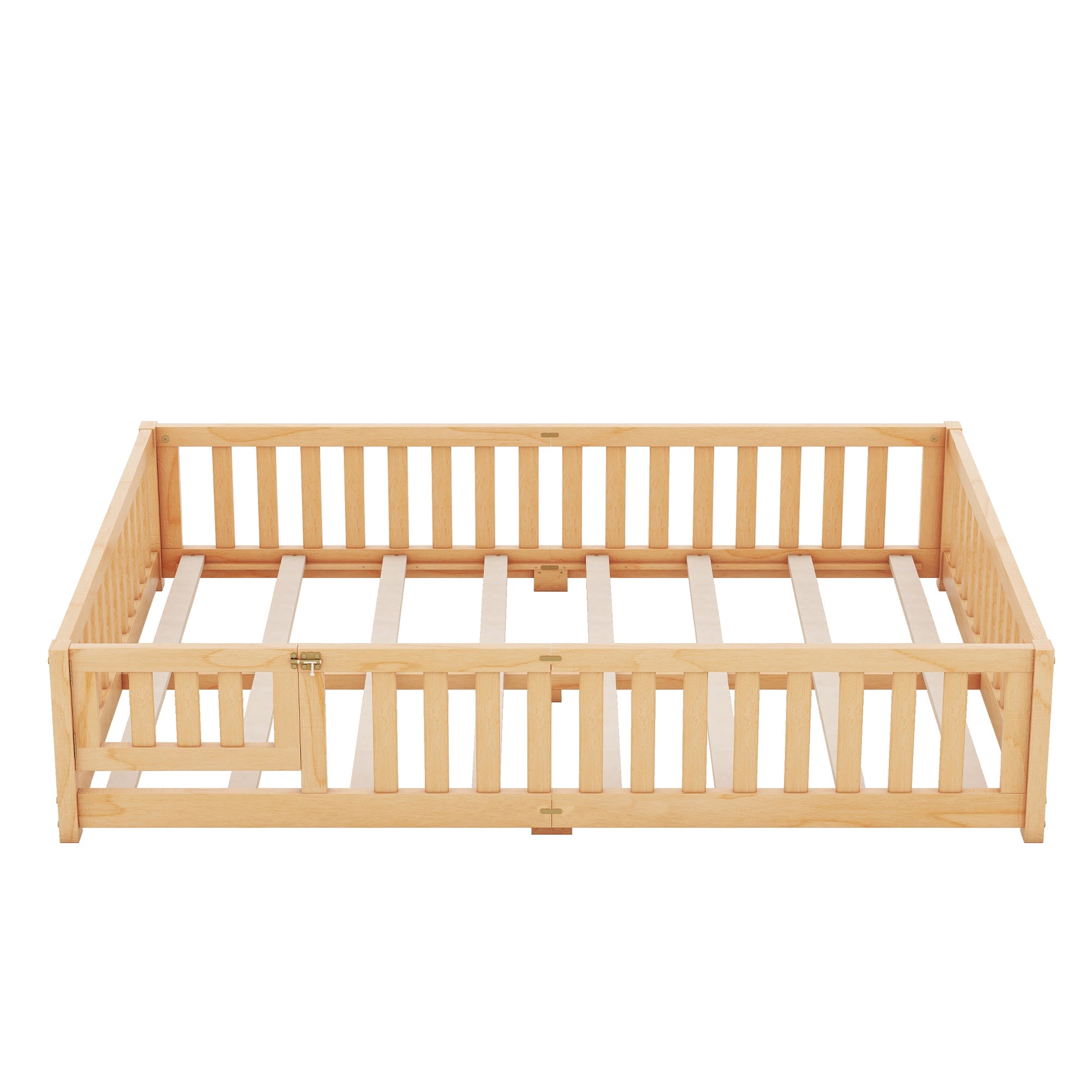 Queen Size Bed Floor Bed with Safety Guardrails and Door for Kids, Natural (Expect Arrival Date Nov.2nd)
