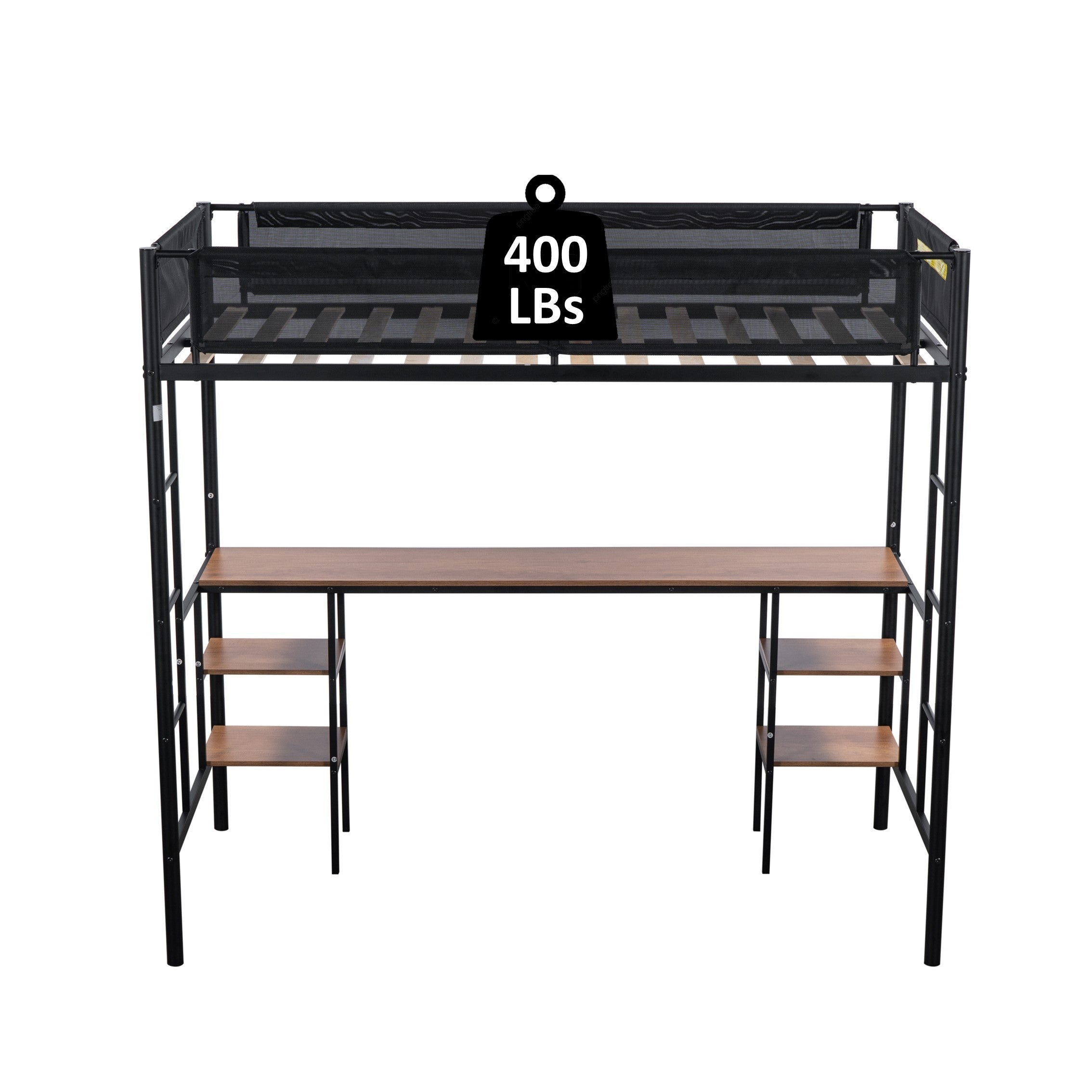 Metal Twin-size Loft Bed with Table & Shelves/ Sturdy Metal Bed Frame/ Noise-free Wood Slat/ Comfortable Textilene Guardrail/ Built-in Table and Shelves/ 2 Side Ladders/ No Box Spring Needed