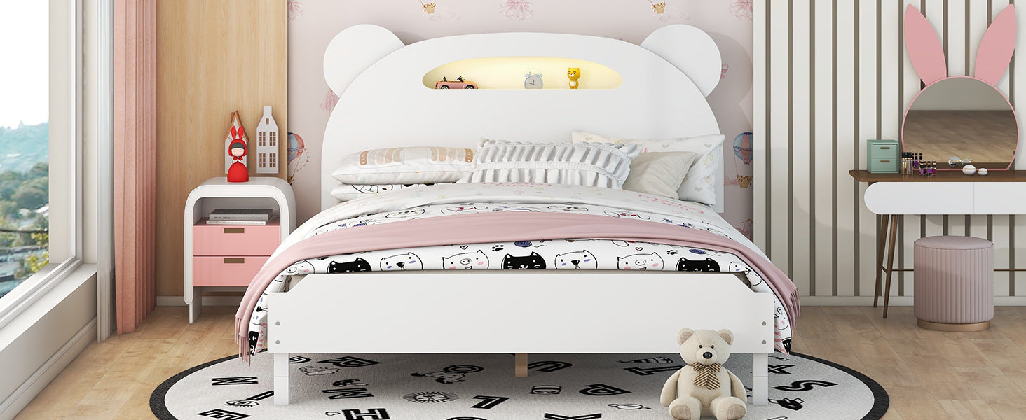 Full Size Wood Platform Bed with Bear-shaped Headboard,Bed with Motion Activated Night Lights,White