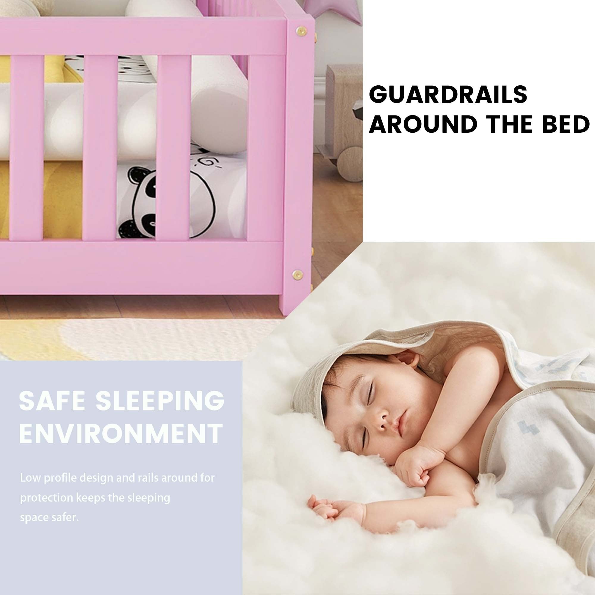 Full Size Bed Floor Bed with Safety Guardrails and Door for Kids, Pink (Expect Arrival Date Nov.2nd)