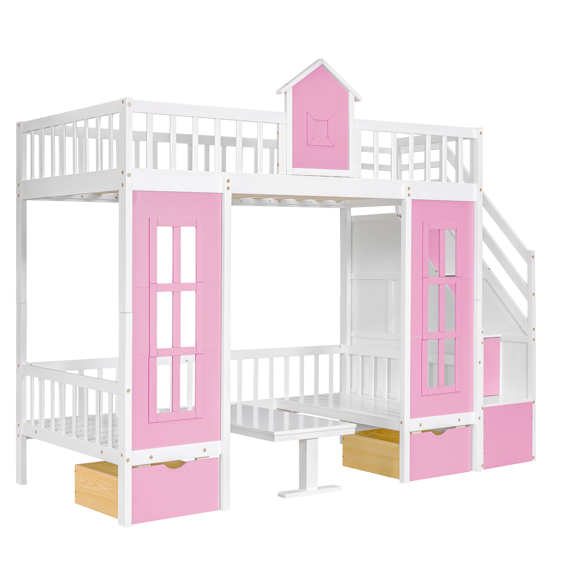 Twin-Over-Twin Bunk Bed with Changeable Table , Bunk Bed Turn into Upper Bed and Down Desk with 2 Drawers - Pink