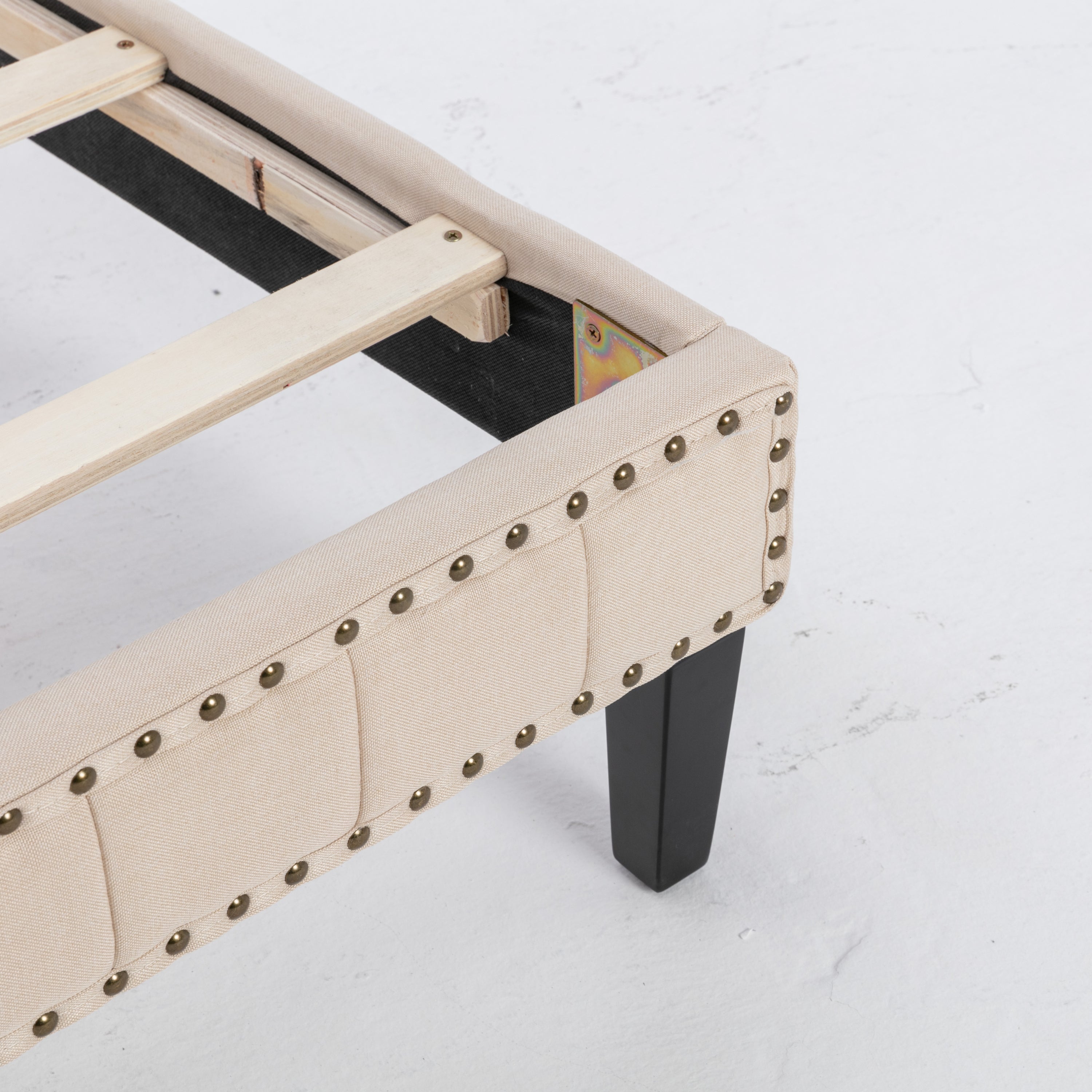 DongHeng King Size Bed with Headboard,Modern Linen Curved Upholstered Platform Bed,Solid Wood Frame,Nailhead Trim,Beige