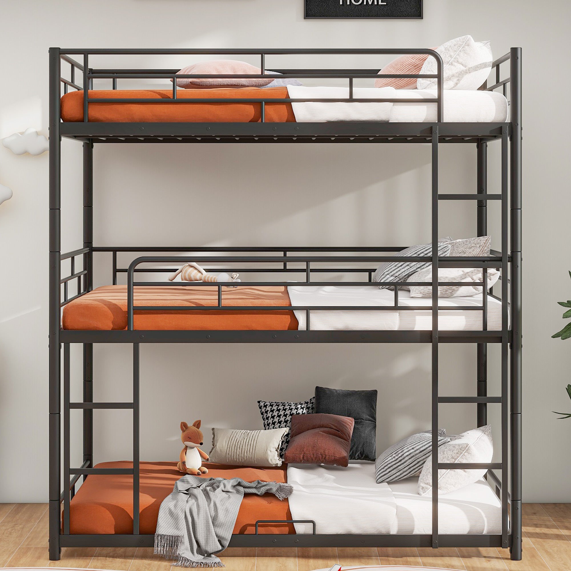 Metal Full Size Triple Bunk Bed, Black