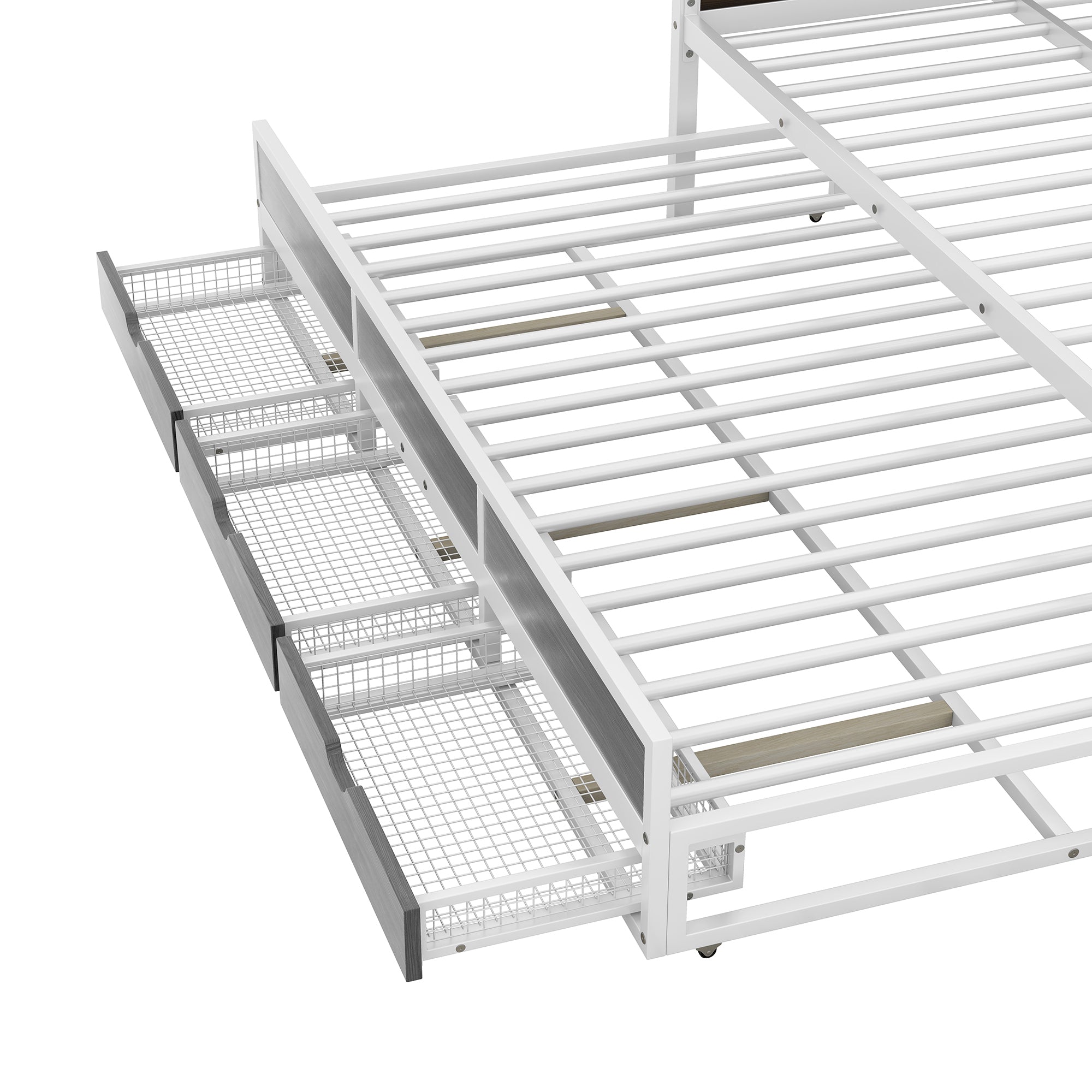 Queen Size Metal Canopy Platform Bed with Twin Size Trundle and 3 Storage Drawers, White
