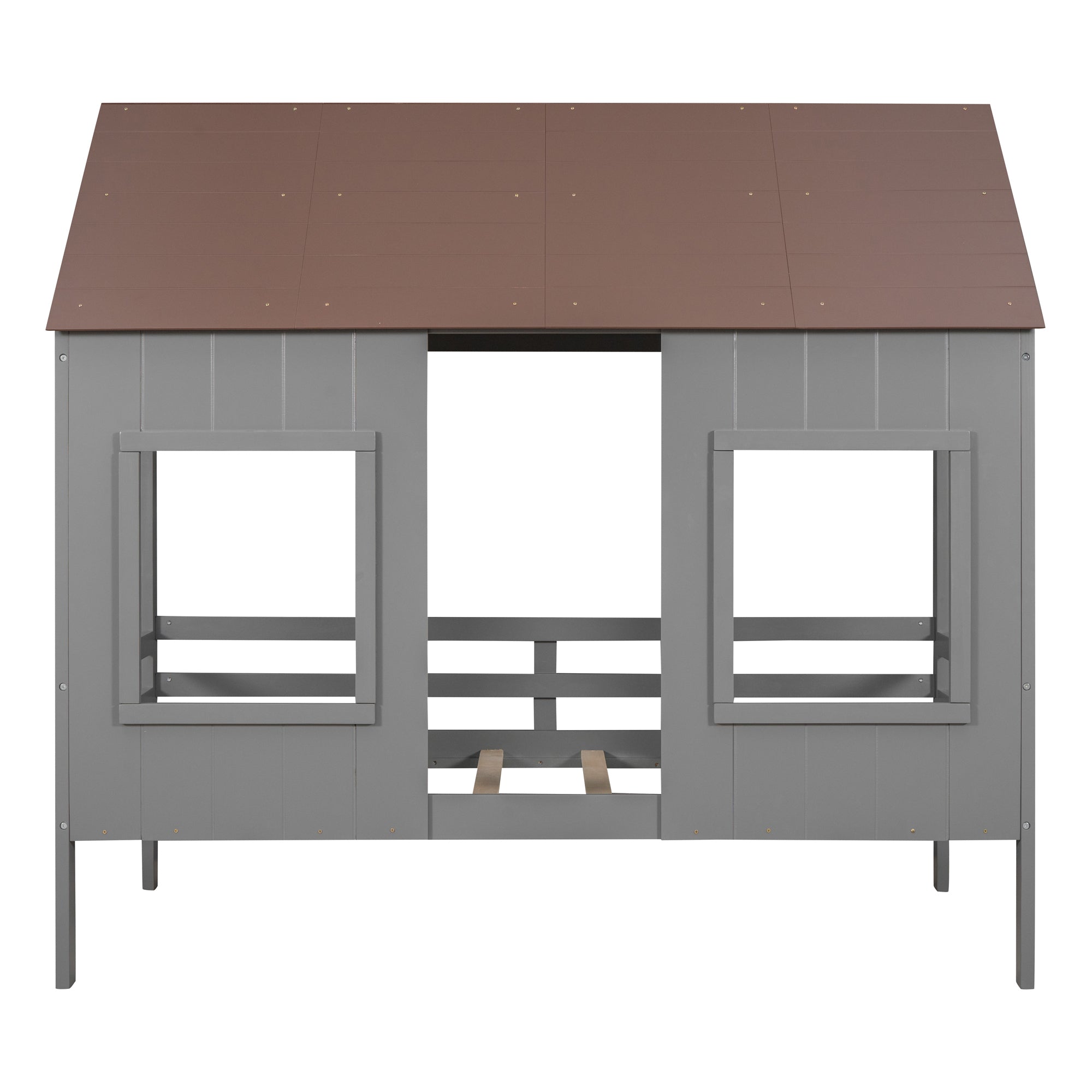 Twin Size Low Loft Wood House Bed with Two Front Windows, (Gray+ Brown)(OLD SKU:LP000039AAL)