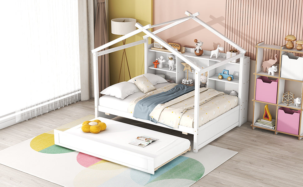 Full Size House Bed with Storage Shelves and Twin Size Trundle, Brushed White